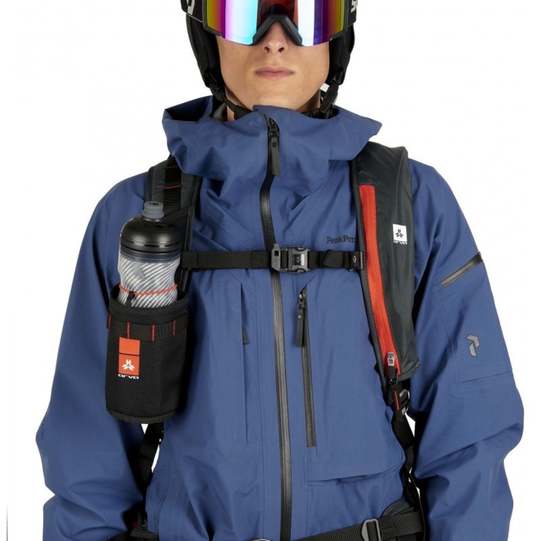 Arva Bottle Holder porta borraccia termico con isolamento interno in alluminio logo Arva frontale asola superiore di fissaggio rossa e passanti laterali per aggancio a zaino o cintura ideale per scialpinismo ed escursionismo.