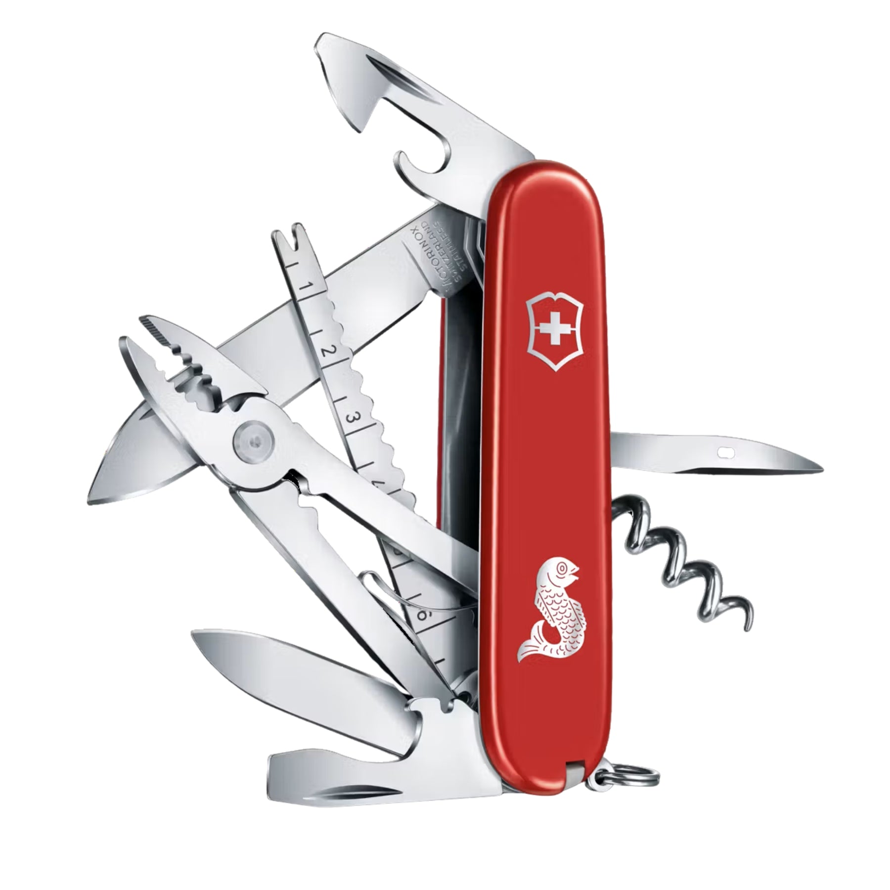 Victorinox Angler coltellino svizzero multiuso per la pesca con guance dotate di logo del pesce, lama grande, pinza con tagliafili, squamatore per pesci con slamatore e righello, levacapsule, apriscatole, cavatappi e punteruolo. Strumento tascabile ideale per pescatori e amanti dell outdoor.