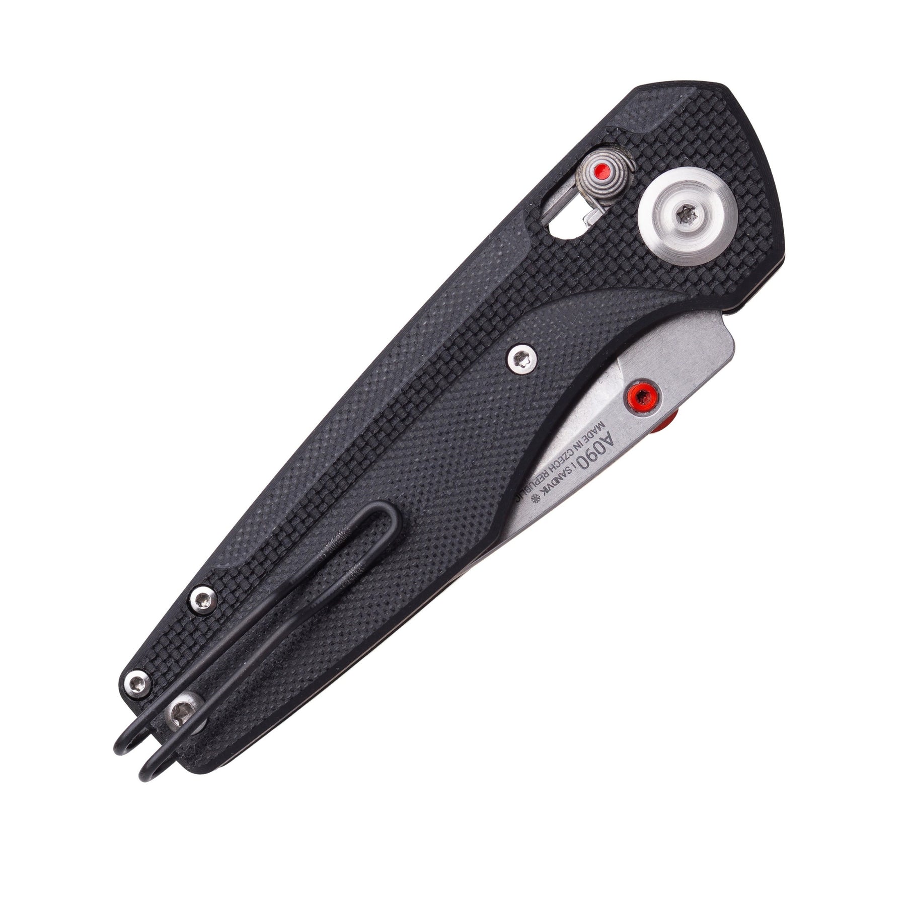 Acta Non Verba A090 coltello chiudibile da tasca EDC con lama stonewash dotata di perno di apertura e blocco di sicurezza del manico sagomato e texturizzato per una presa salda. Ideale per EDC, fotografato su sfondo bianco.