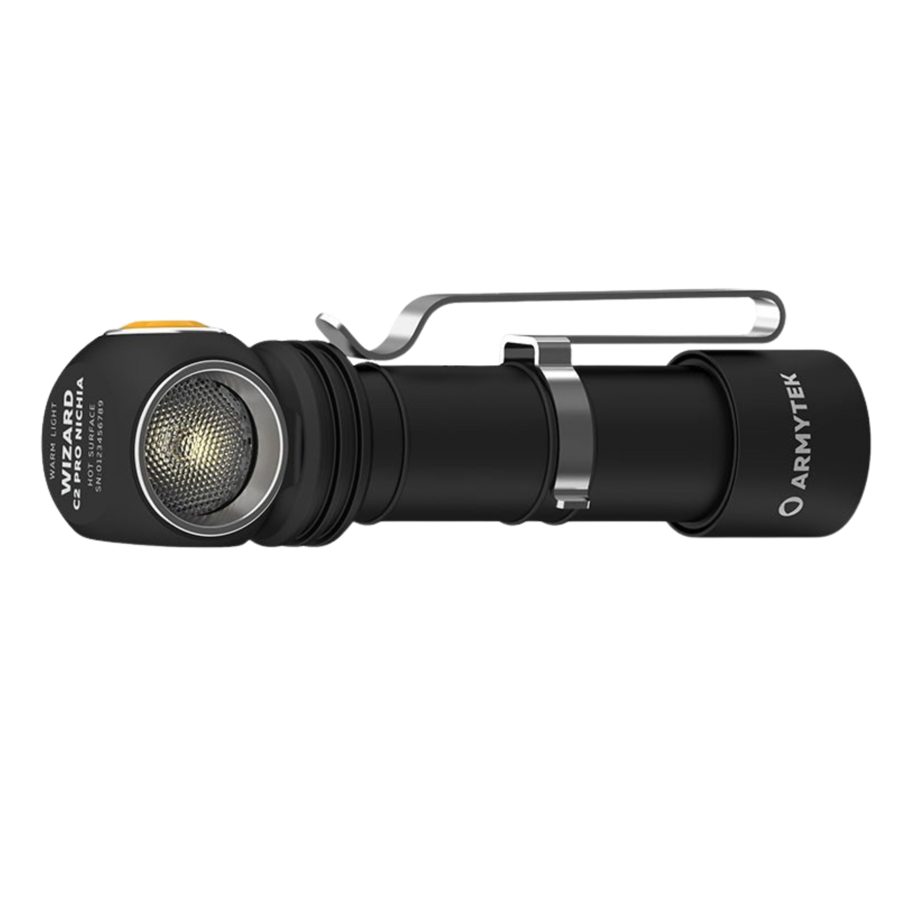 Armytek Wizard C2 Pro Nichia torcia frontale e palmare multifunzione ad alte prestazioni con LED Nichia ad alta fedeltà cromatica. Vista frontale verticale del corpo torcia compatto con clip metallica rimovibile su sfondo bianco per catalogo e-commerce outdoor.