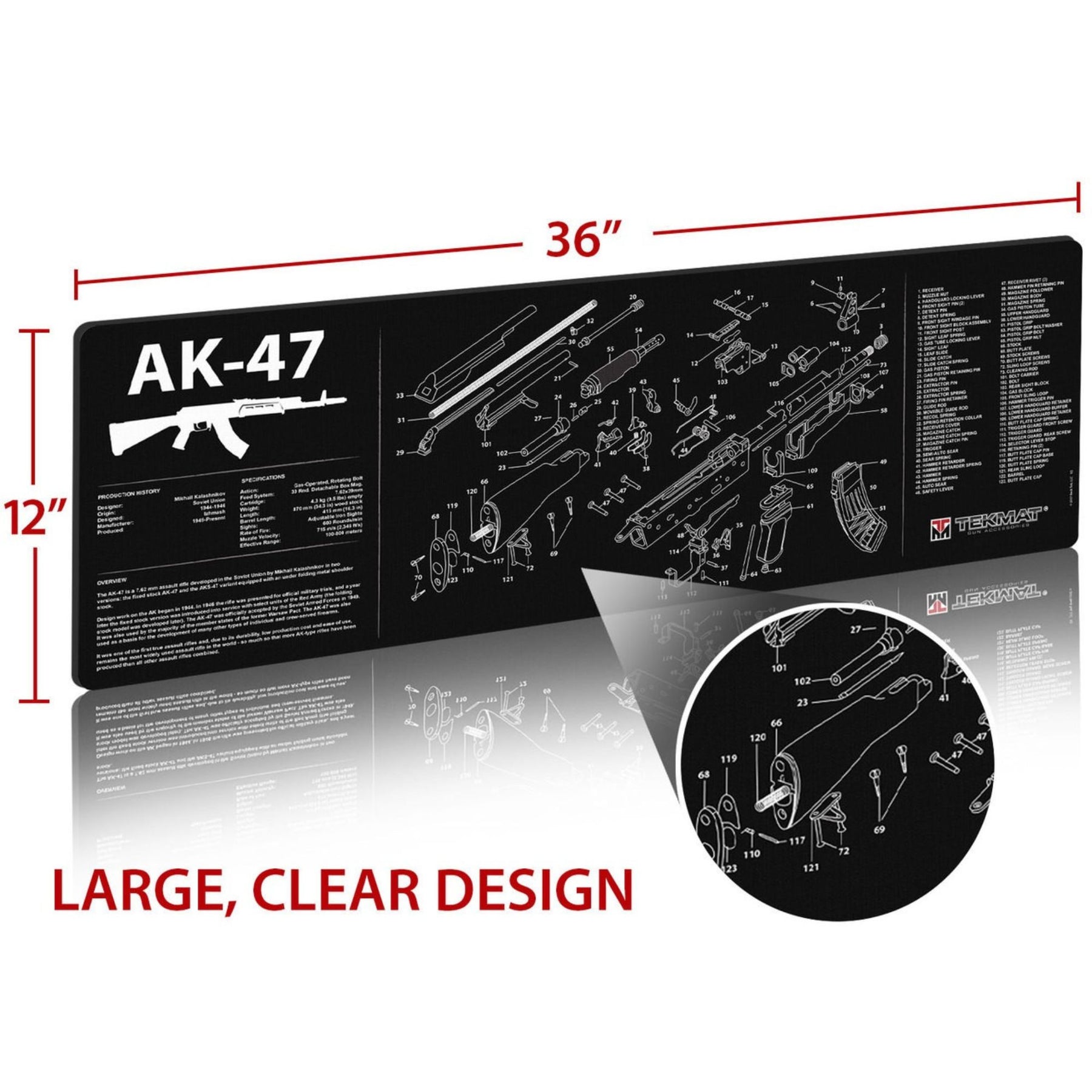 TekMat AK47 Gun Cleaning Mat tappetino per manutenzione armi con schema esploso dettagliato e specifiche tecniche