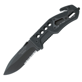 Coltello chiudibile multiuso Black Fox Tactical modelli BF-115 e BF-117 da soccorso (Rescue), lama parzialmente seghettata, manico in alluminio o G10, dotato di tagliacinture, rompi-vetro e chiave esagonale, ideale per emergenza e professionisti
