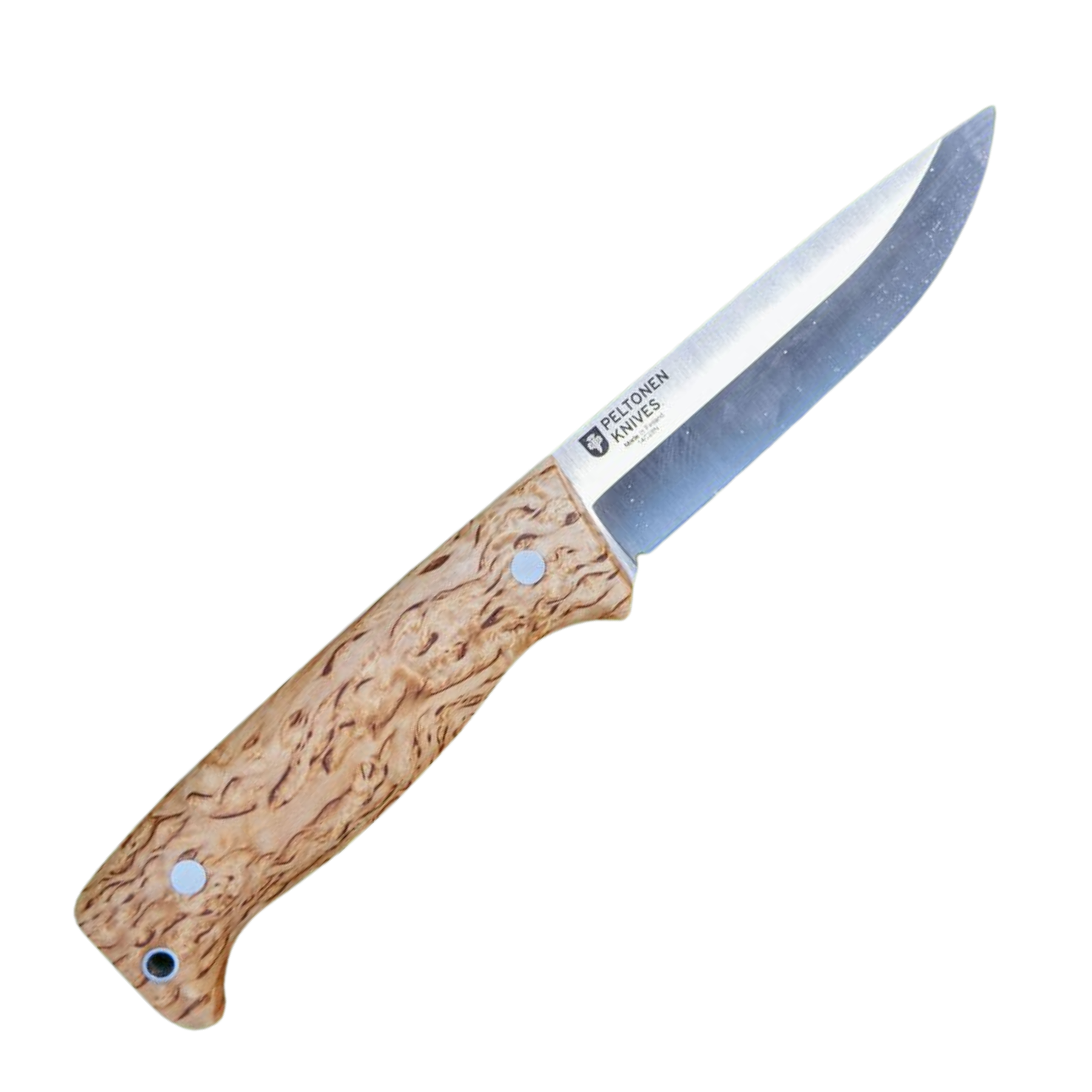 Coltello a lama fissa Peltonen M07 Ranger Puukko da bushcraft/outdoor, manico in betulla (Betulla riccia) con venature chiare, lama full tang in acciaio al carbonio, fornito con fodero in pelle marrone e passante in nylon
