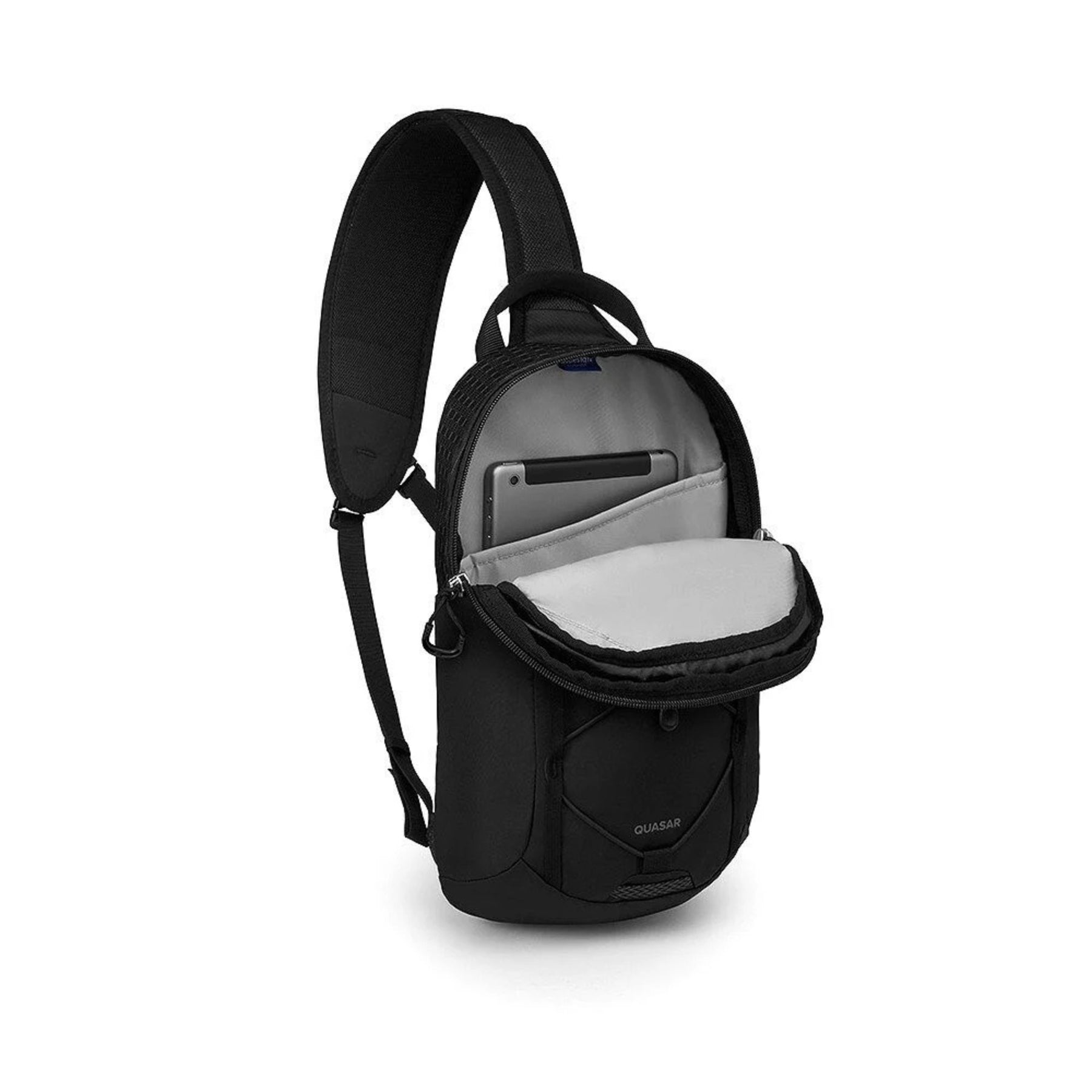 Osprey Quasar Sling borsa monospalla da 6 L adatta per l'uso quotidiano. Presenta uno spallaccio singolo imbottito e ambidestro, schienale ventilato AirScape, ampio scomparto principale con tasca per tablet, cordino elastico frontale e daisy chain per il fissaggio di attrezzatura outdoor.
