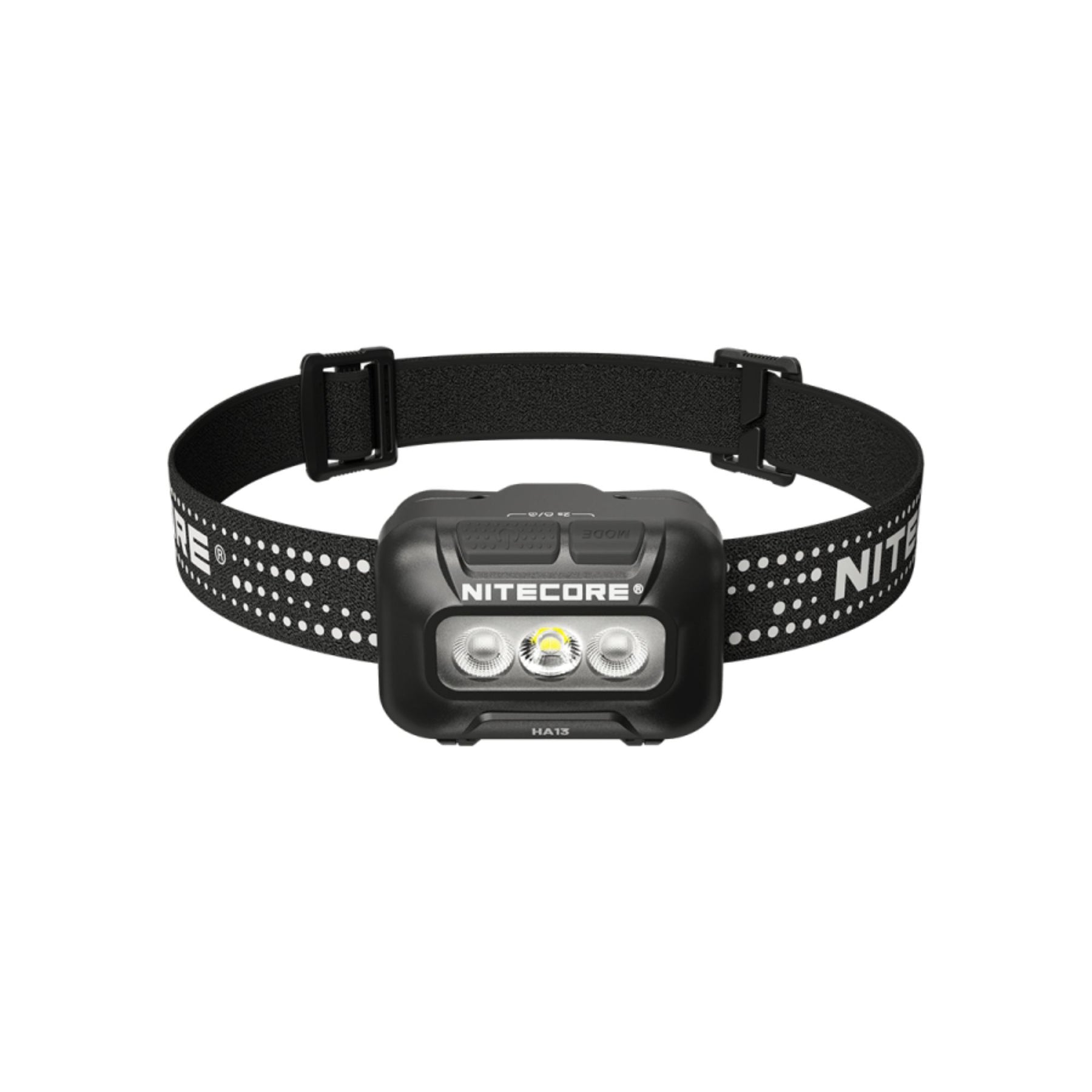 Nitecore HA13 torcia frontale compatta con triplo LED e fascia elastica regolabile con dettagli riflettenti, alimentazione IBRIDA. Collezione 2026.