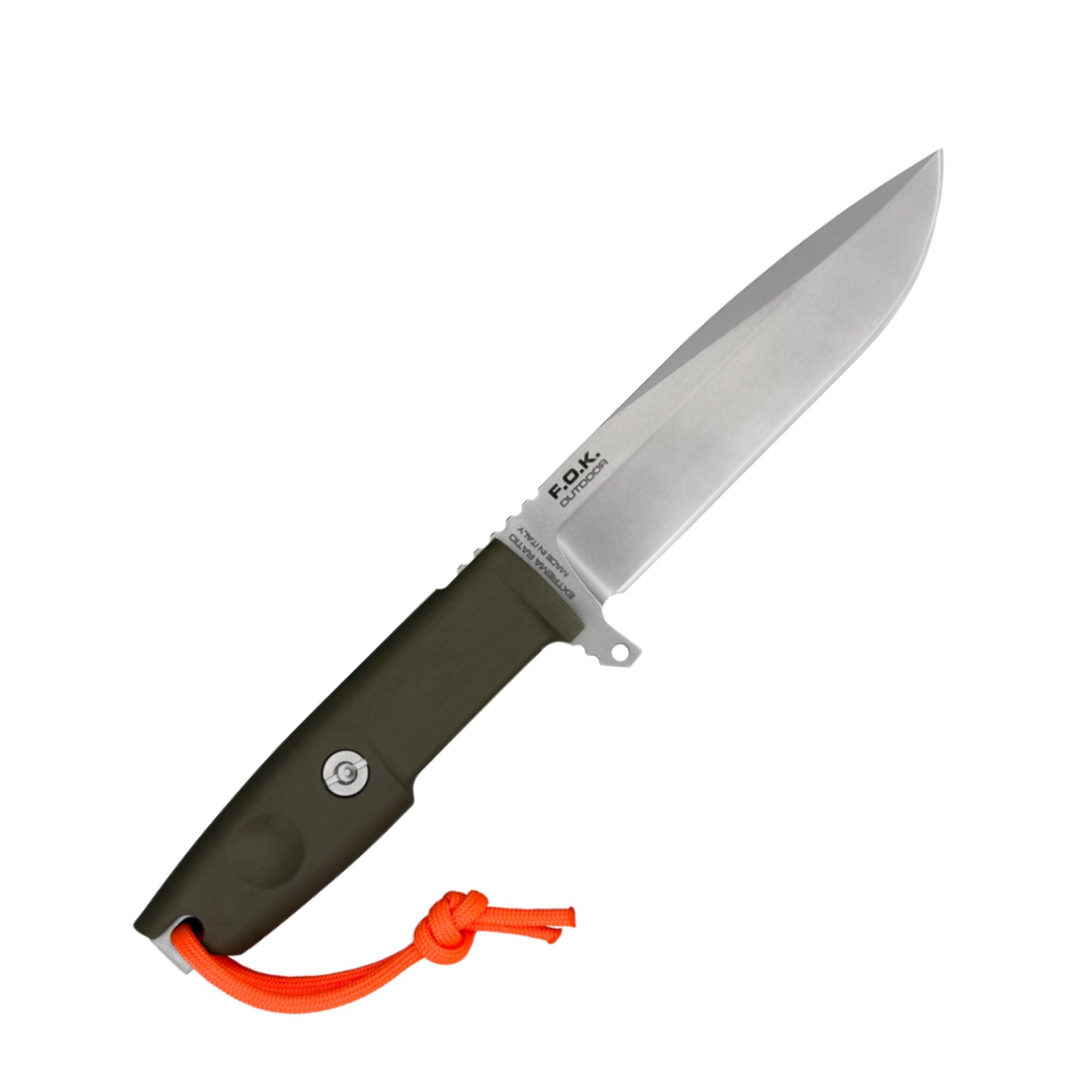 Extrema Ratio F.O.K. Outdoor coltello a lama fissa. Lama in acciaio Nitrogen 58 HRC con profilo drop point e finitura satinata. Manico ergonomico smontabile con singolo vite di fissaggio e laccio di sicurezza. Design compatto e robusto ideale per bushcraft e attività all'aperto.