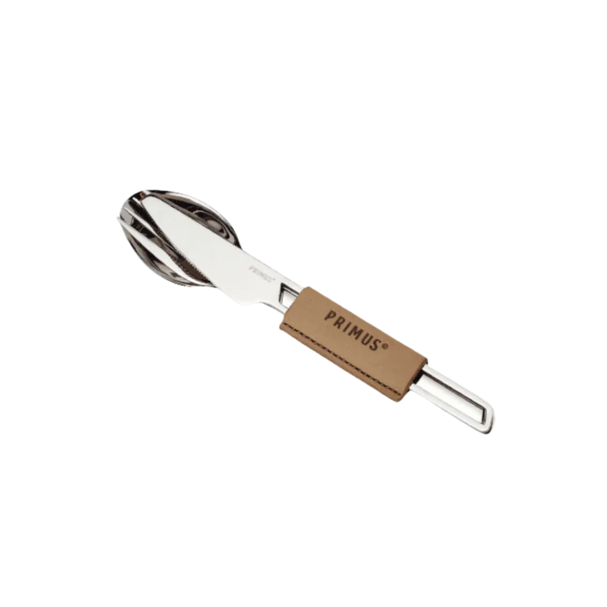 PRIMUS Campfire Cutlery Set Set di posate 3 pezzi in acciaio inox (coltello, forchetta e cucchiaio) per campeggio ed escursionismo. Design forato leggero con logo Primus inciso e custodia in pelle per il trasporto facile.