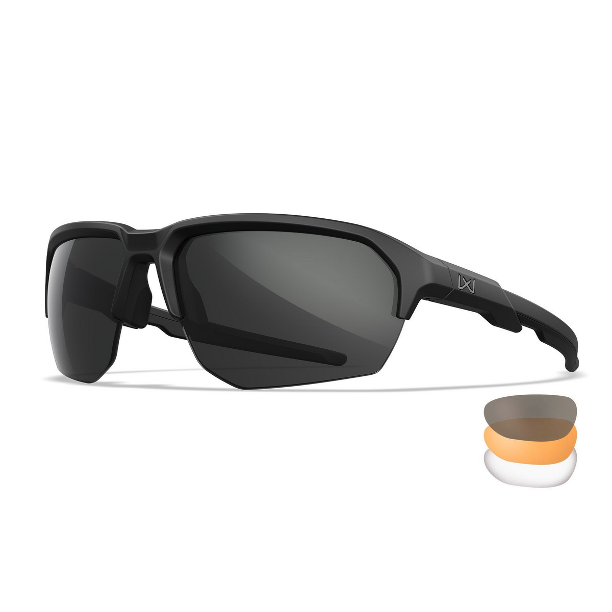 Occhiali da sole balistici Wiley X WX JAKL CHJKL08 con lenti intercambiabili CAPTIVATE Grey, Clear e Rust, montatura Nero Opaco in nylon Triloid™, protezione UV 100%, certificazione ANSI Z87.1+ per impatti ad alta velocità, ideali per attività tattiche e outdoor, su backpacco.it