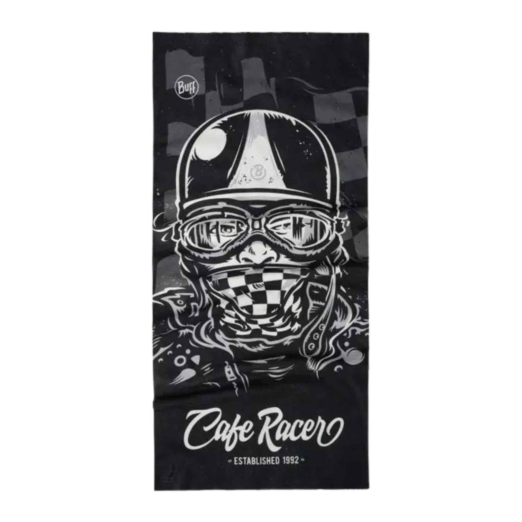 Buff Original EcoStretch Neckwear REIT BLACK scaldacollo tubolare multifunzione con protezione solare. Dettaglio del tessuto tecnico elasticizzato riciclato con grafica ispirata ai profili montuosi delle Dolomiti, posizionato in verticale su sfondo bianco per catalogo e-commerce.