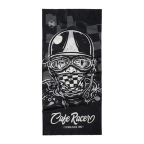 Buff Original EcoStretch Neckwear REIT BLACK scaldacollo tubolare multifunzione con protezione solare. Dettaglio del tessuto tecnico elasticizzato riciclato con grafica ispirata ai profili montuosi delle Dolomiti, posizionato in verticale su sfondo bianco per catalogo e-commerce.