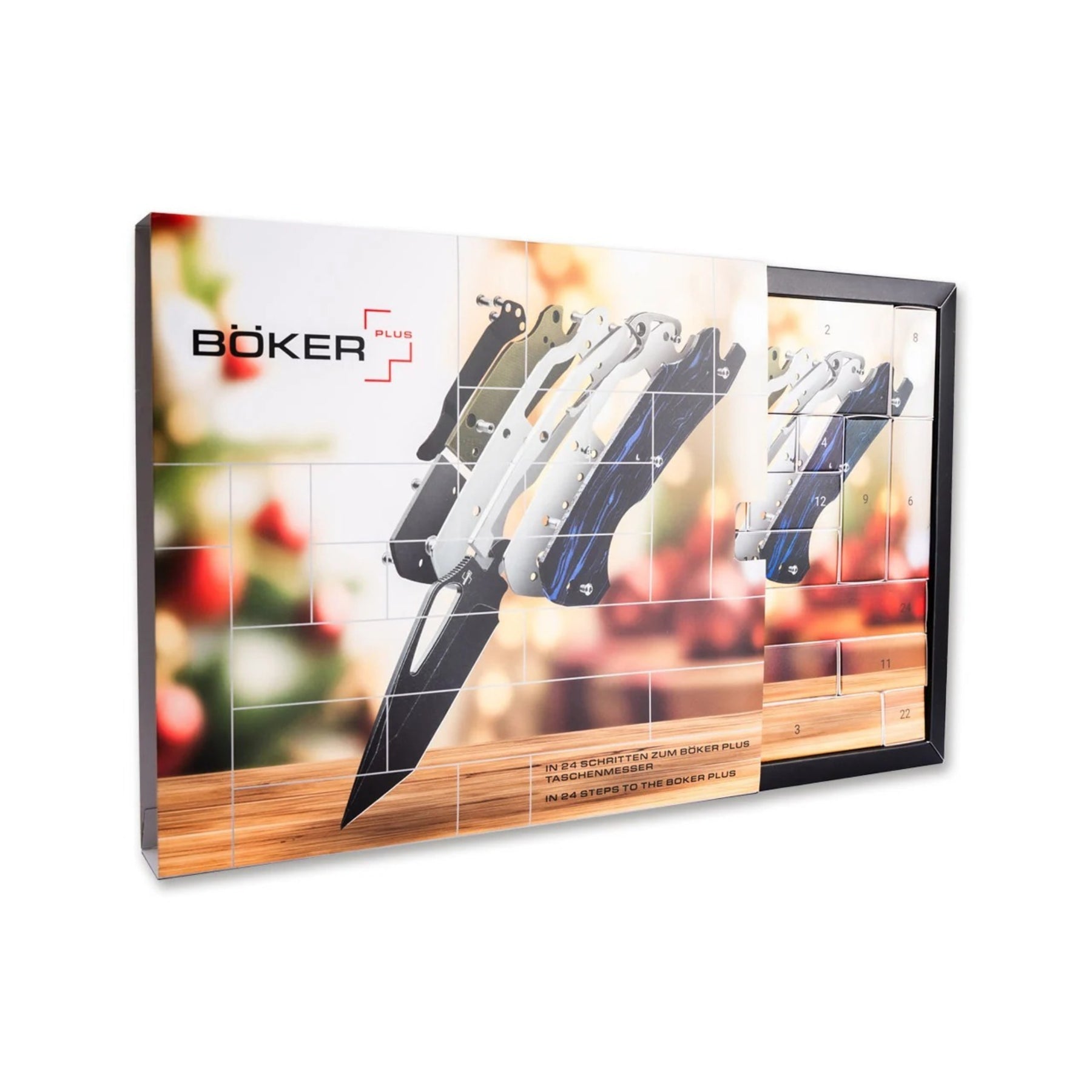 Boker Plus Advent Calendar DTK calendario dell'avvento con 24 caselle e kit di montaggio completo per coltello chiudibile tascabile con blocco lama backlock, apertura thumb hole, guancette intercambiabili e viteria per regalo di Natale, collezionismo ed EDC