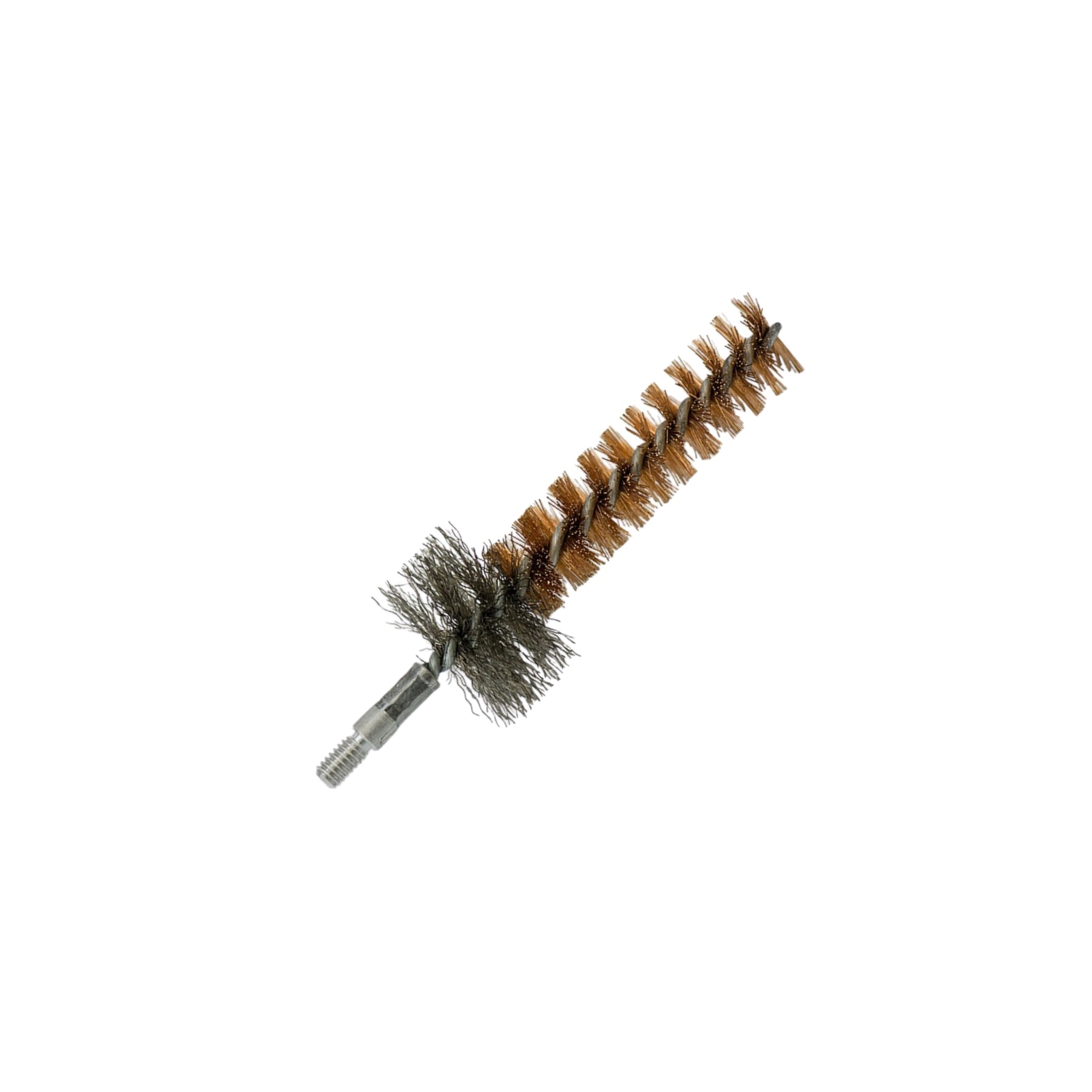 Bore Tech Bronze SS Chamber Brushes scovolino per la pulizia profonda della camera di cartuccia di carabine e armi da fuoco con setole in bronzo e acciaio inossidabile e nucleo rinforzato per manutenzione e rimozione di residui ostinati su sfondo bianco.