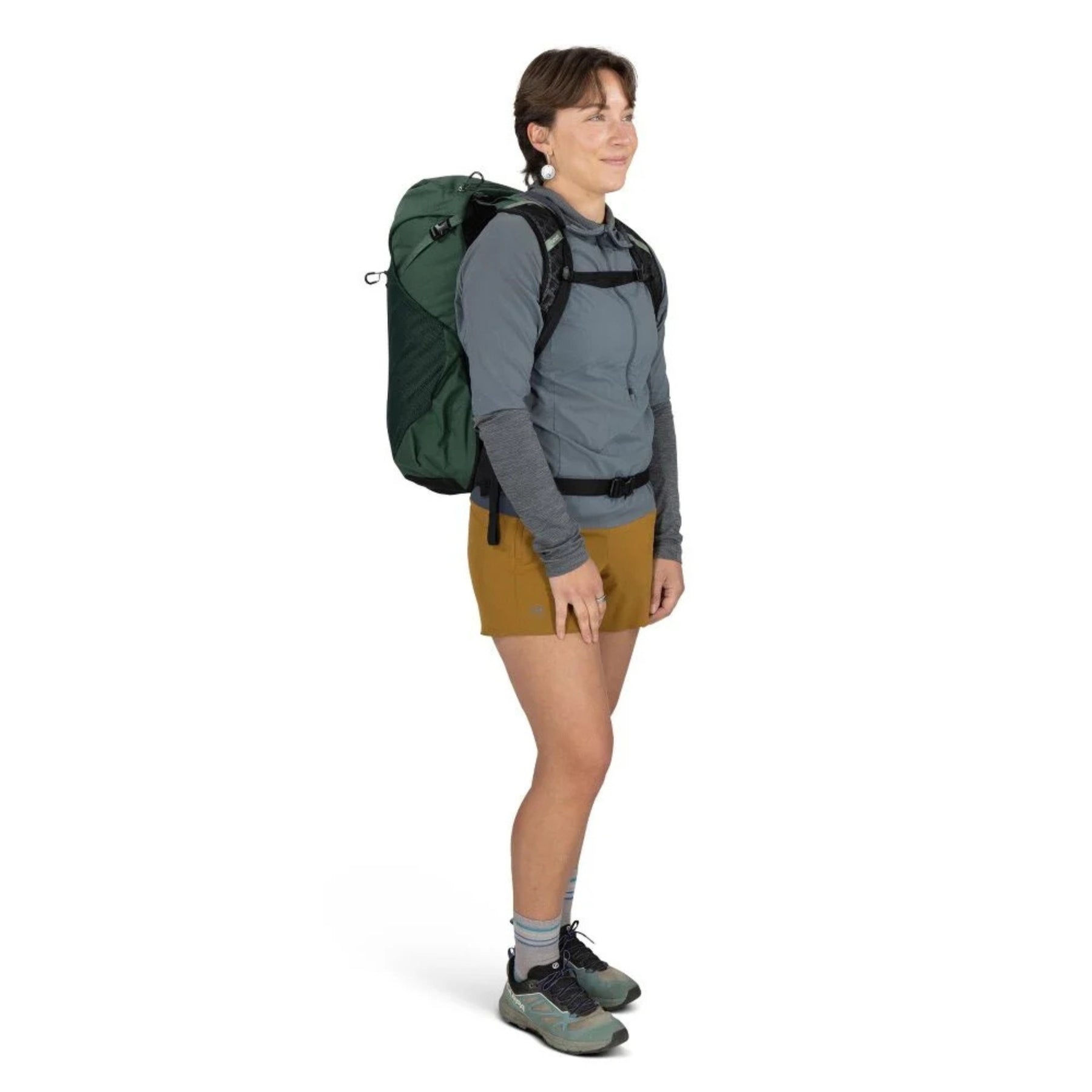 Osprey Hikelite LT 30 Zaino da 30 L ultraleggero da trekking ed escursionismo con schienale ventilato AirSpeed, tasche laterali in rete elasticizzata, spallacci ergonomici e chiusura a cappuccio con fibbie per outdoor su sfondo bianco.