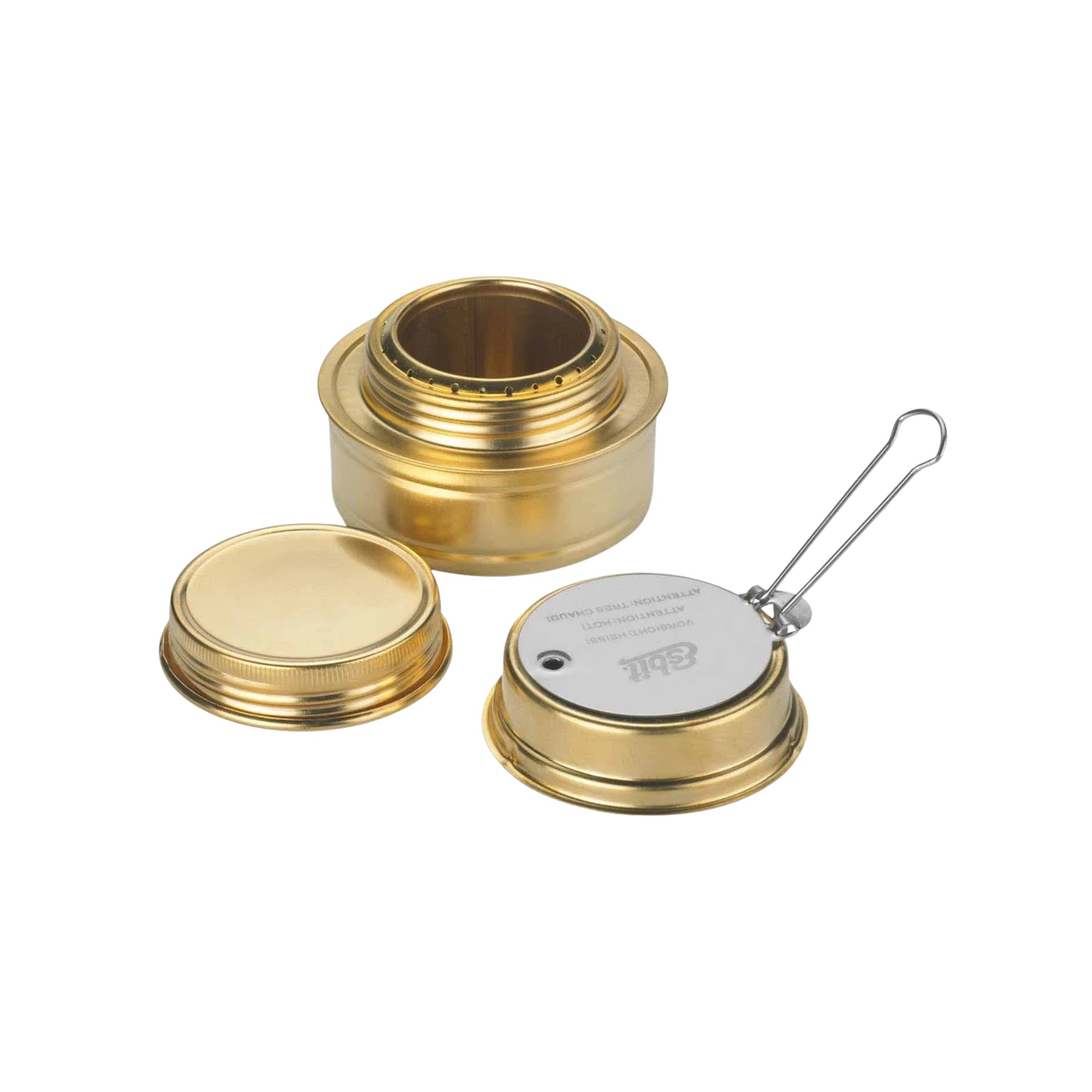 Esbit Alcohol Burner fornello ad alcool compatto in ottone con tappo a vite ermetico, guarnizione in gomma e regolatore di fiamma con manico pieghevole per cucina da campo, trekking, campeggio e bushcraft