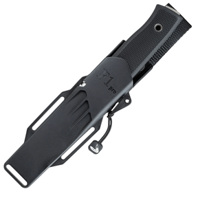 Coltello a lama fissa Fällkniven F1 Pro da sopravvivenza o bushcraft, lama in acciaio laminato, manico in Thermorun nero con foro per laccetto