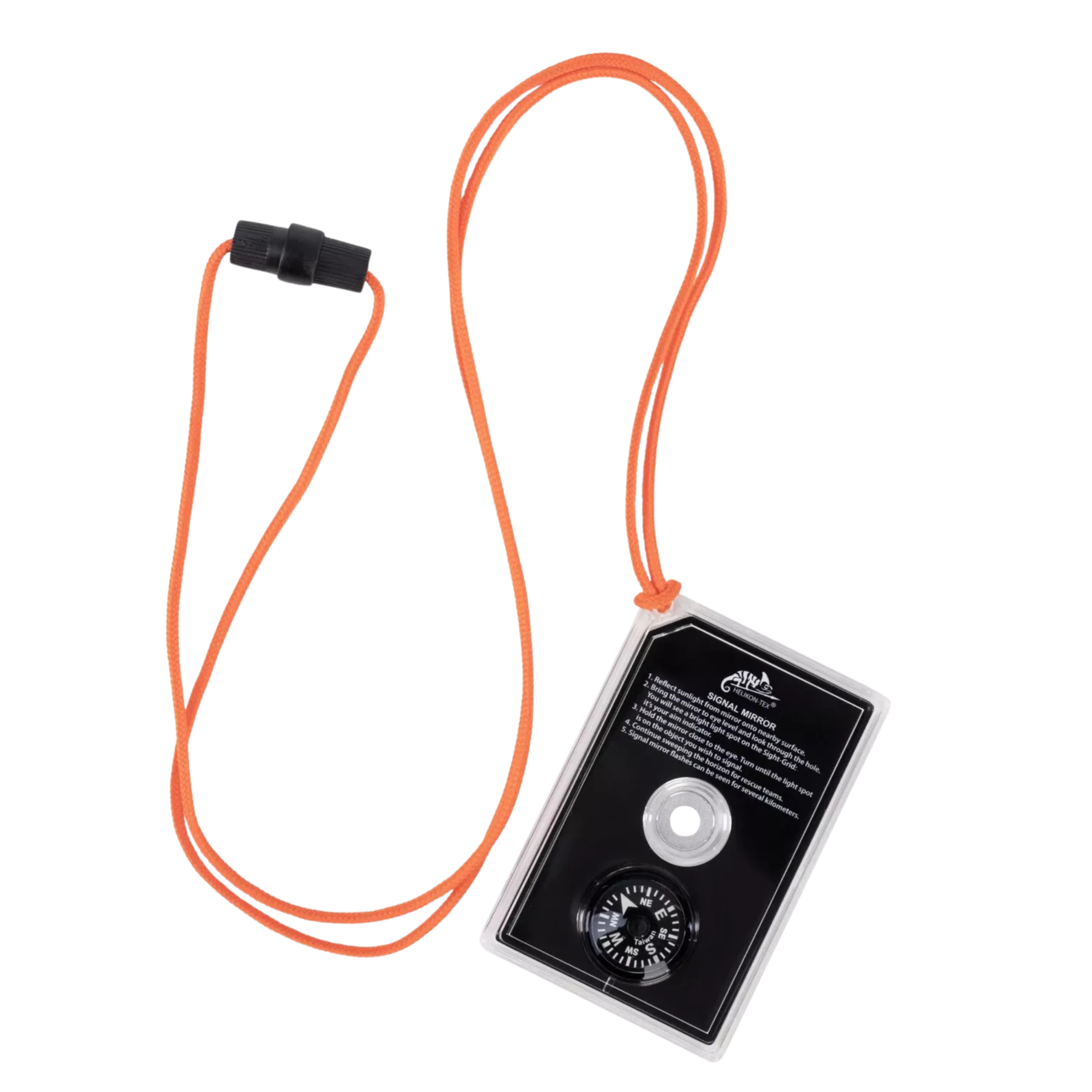 Eliografo da sopravvivenza Helikon-Tex Signal Mirror, specchio per segnalazione di emergenza con mirino integrato, bussola a bottone sul fondo e istruzioni stampate, cordino arancione per il trasporto