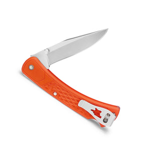 Buck 110 Slim Select coltello chiudibile EDC con lama clip point in acciaio 420HC, perno per apertura a una mano, sistema di blocco back lock e impugnatura ergonomica leggera in nylon rinforzato, ideale per outdoor e porto quotidiano.