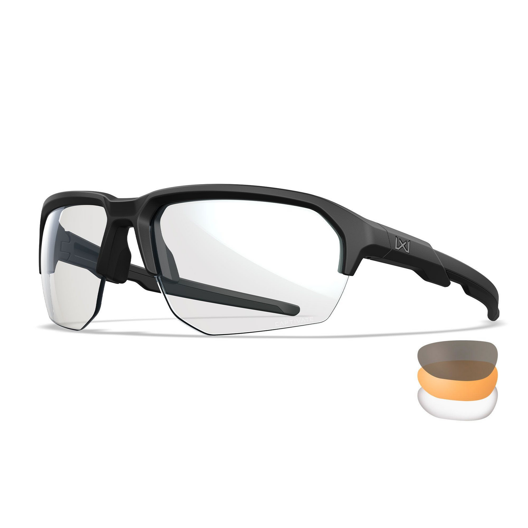 Occhiali da sole balistici Wiley X WX JAKL CHJKL08 con lenti intercambiabili CAPTIVATE Grey, Clear e Rust, montatura Nero Opaco in nylon Triloid™, protezione UV 100%, certificazione ANSI Z87.1+ per impatti ad alta velocità, ideali per attività tattiche e outdoor, su backpacco.it
