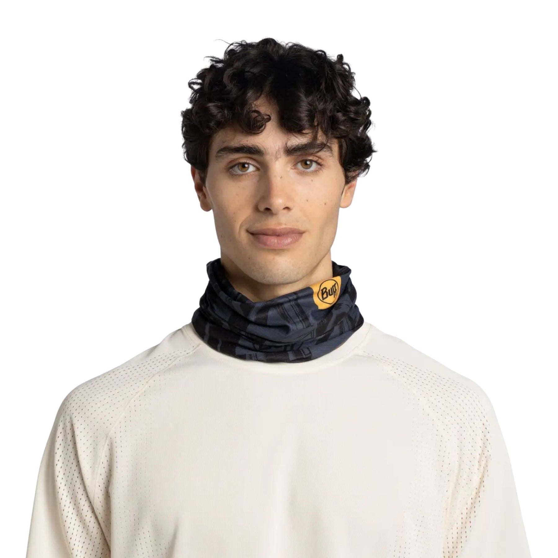 Buff CoolNet UV Neckwear Losne Graphite Scaldacollo tubolare con protezione solare UPF 50 e tecnologia HeiQ Smart Temp. Tessuto elastico riciclato con pattern grafico astratto e logo Buff centrale. Accessorio traspirante ideale per sport outdoor e gestione dell'umidità.