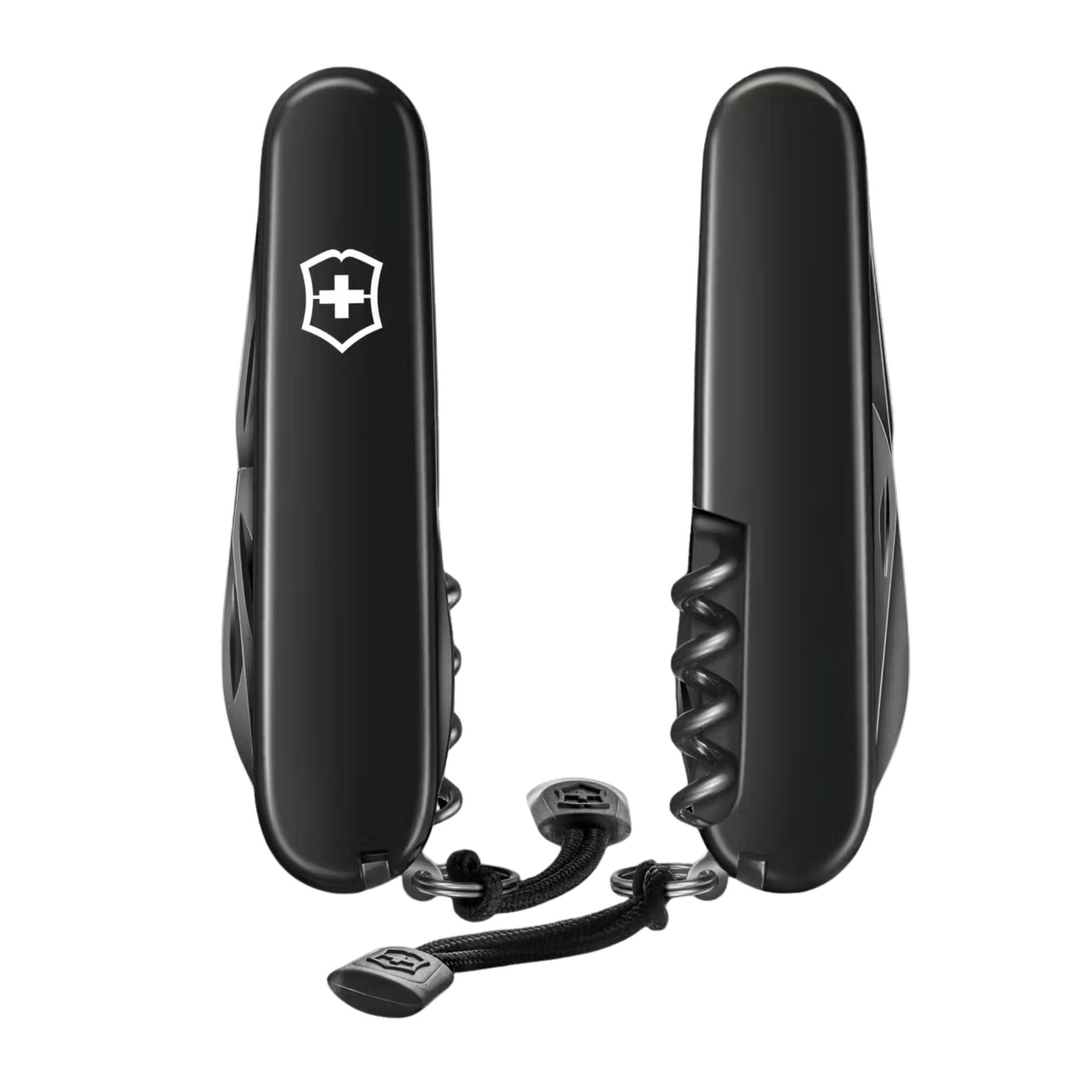 Victorinox Spartan Onyx Black coltellino multiuso con 12 funzioni tra cui lama grande, lama piccola, cavatappi e apriscatole caratterizzato da una finitura nera monocromatica lucida ottenuta tramite processo polispettrale per un design elegante e resistente.