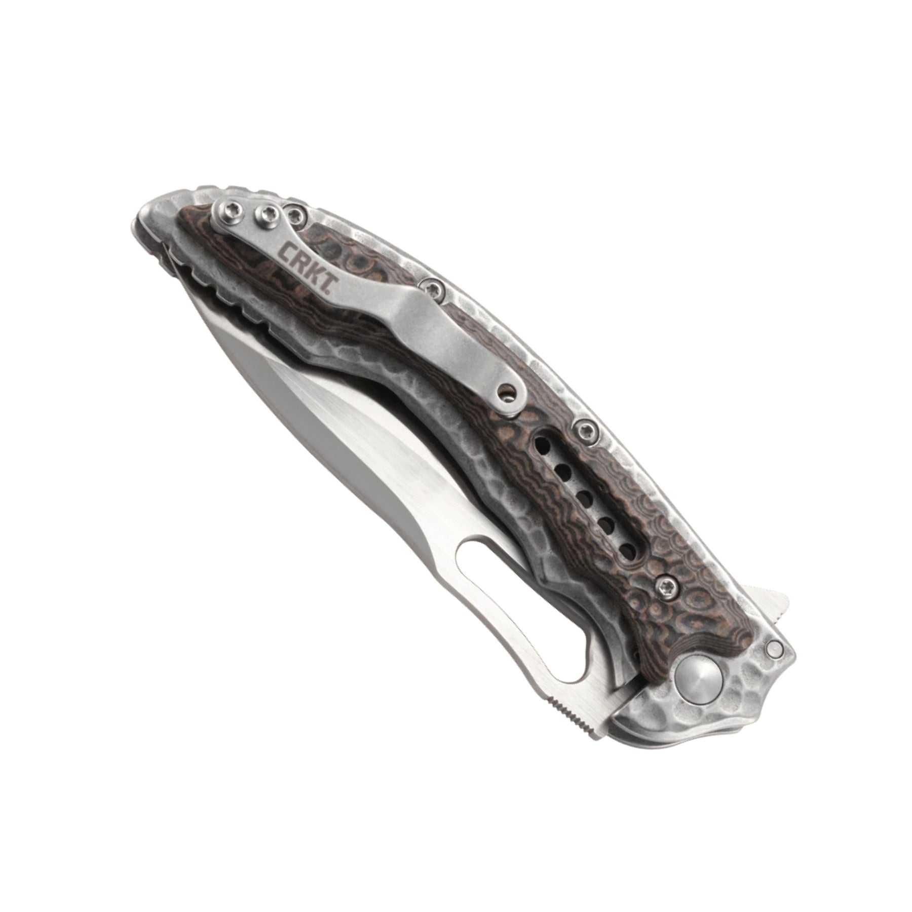 CRKT Fossil coltello chiudibile con apertura flipper su cuscinetti a sfera IKBS, lama drop point in acciaio 8Cr13MoV, guancette con lavorazione martellata e clip da tasca, robusto e versatile per uso EDC, campeggio e attività outdoor.