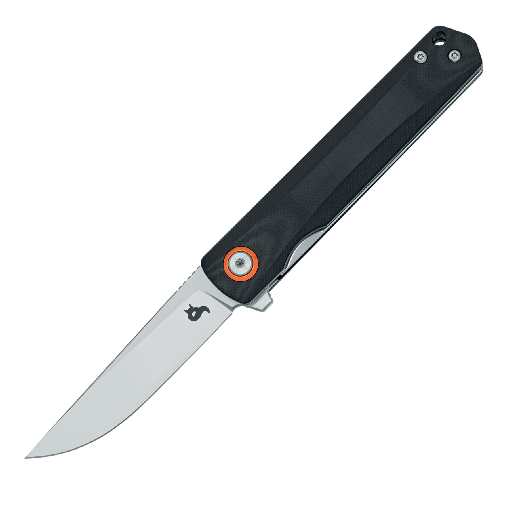Coltello chiudibile da tasca Black Fox Spear per EDC, lama sottile e appuntita in acciaio satinato, apertura a flipper e perno pivot arancione