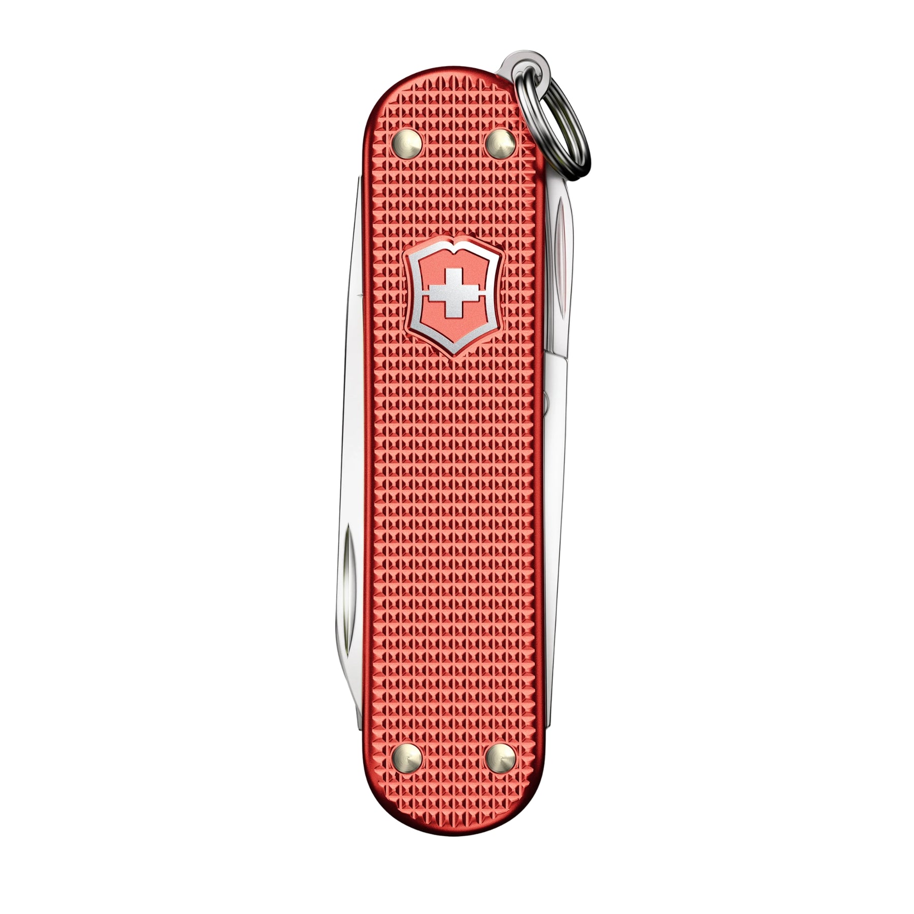 Victorinox Classic SD Alox Limited Edition 2025 coltellino multiuso tascabile con guance in alluminio zigrinato. Il multiuso mostra gli strumenti aperti tra cui la lama piccola, le forbici, la lima per unghie con cacciavite e l'anello portachiavi su uno sfondo bianco.