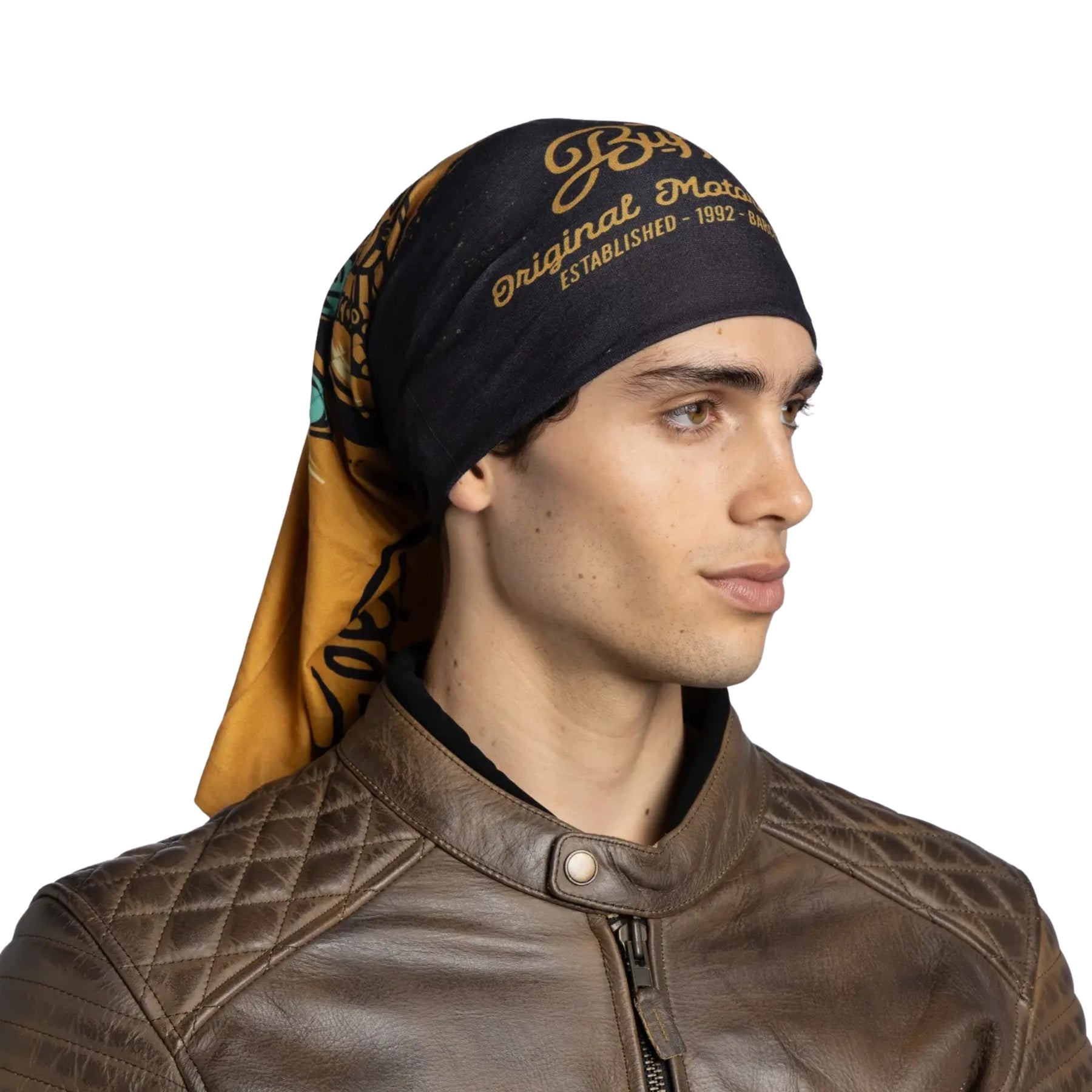 Buff Original EcoStretch Neckwear CIFE MULTI scaldacollo tubolare multifunzione con protezione solare. Dettaglio del tessuto tecnico elasticizzato riciclato con grafica ispirata ai profili montuosi delle Dolomiti, posizionato in verticale su sfondo bianco per catalogo e-commerce.