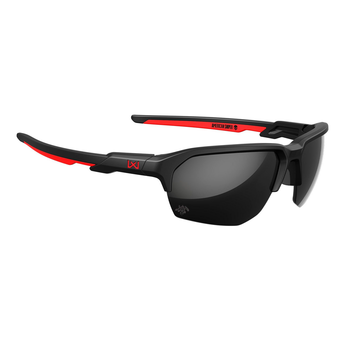 Occhiali da sole balistici Wiley X WX JAKL CHJKL15 American Sniper Signature Series con lenti CAPTIVATE Black Mirror non polarizzate, montatura Matte Black/Red in nylon Triloid™, protezione UV 100%, design avvolgente per uso tattico e sportivo, SU BACKPACCO.IT