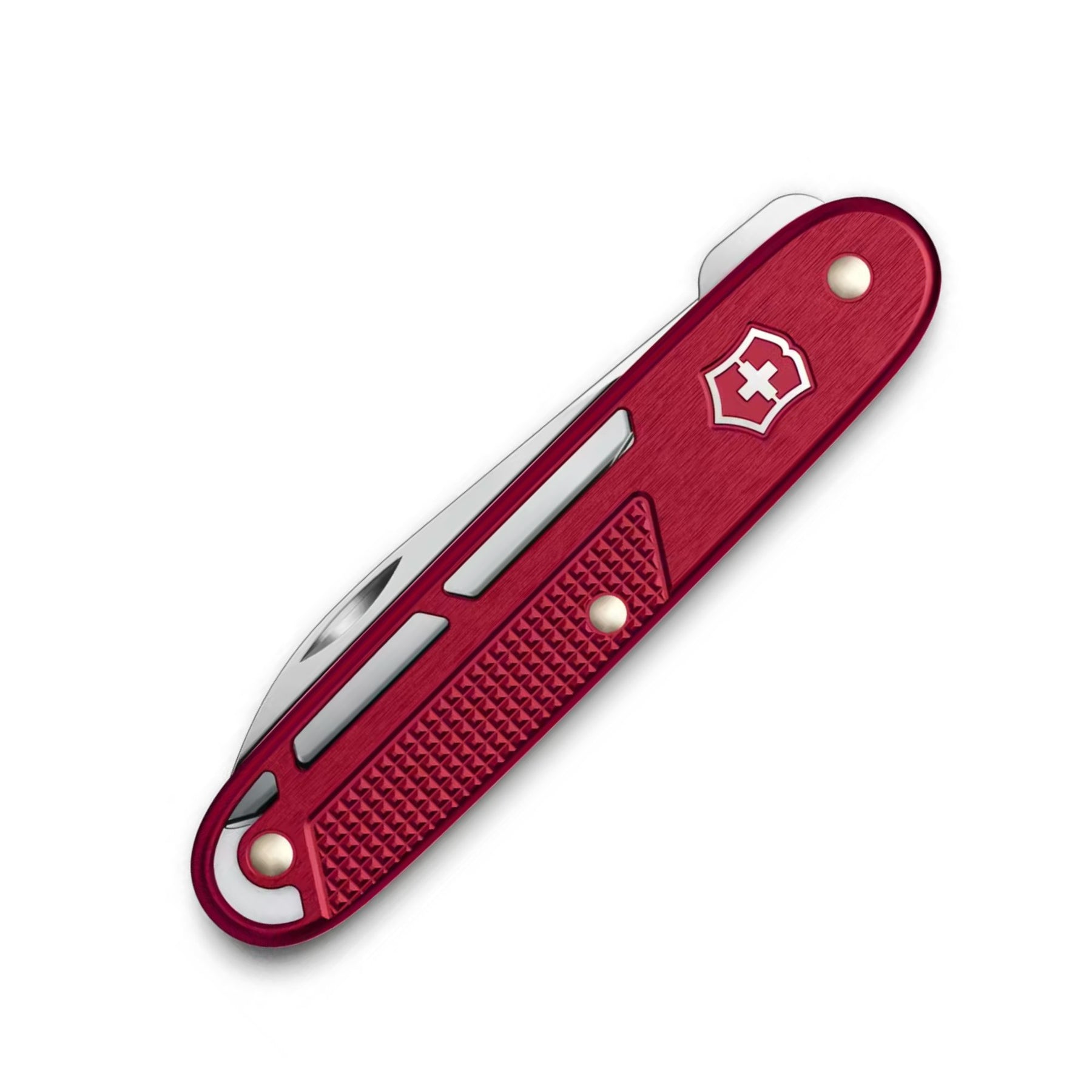 Victorinox Onefold Alox. Coltello chiudibile a lama singola liscia. Guancette in alluminio strutturato con fresature decorative e design scheletrato ultrapiatto. Strumento essenziale e leggero ideale per il porto quotidiano EDC minimalista.