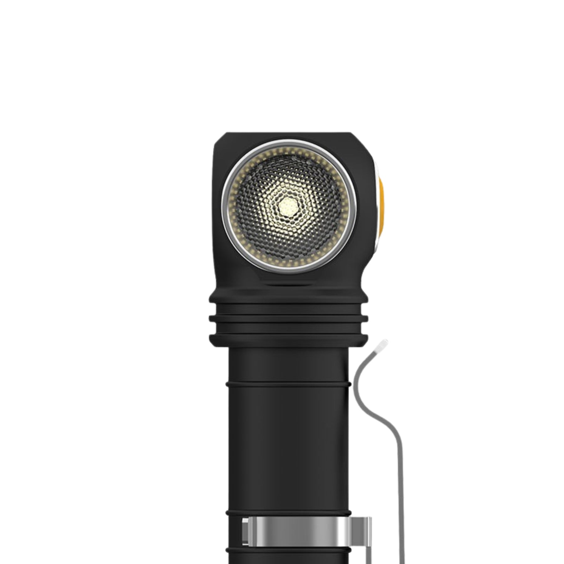 Armytek Wizard C2 Pro Nichia torcia frontale e palmare multifunzione ad alte prestazioni con LED Nichia ad alta fedeltà cromatica. Vista frontale verticale del corpo torcia compatto con clip metallica rimovibile su sfondo bianco per catalogo e-commerce outdoor.