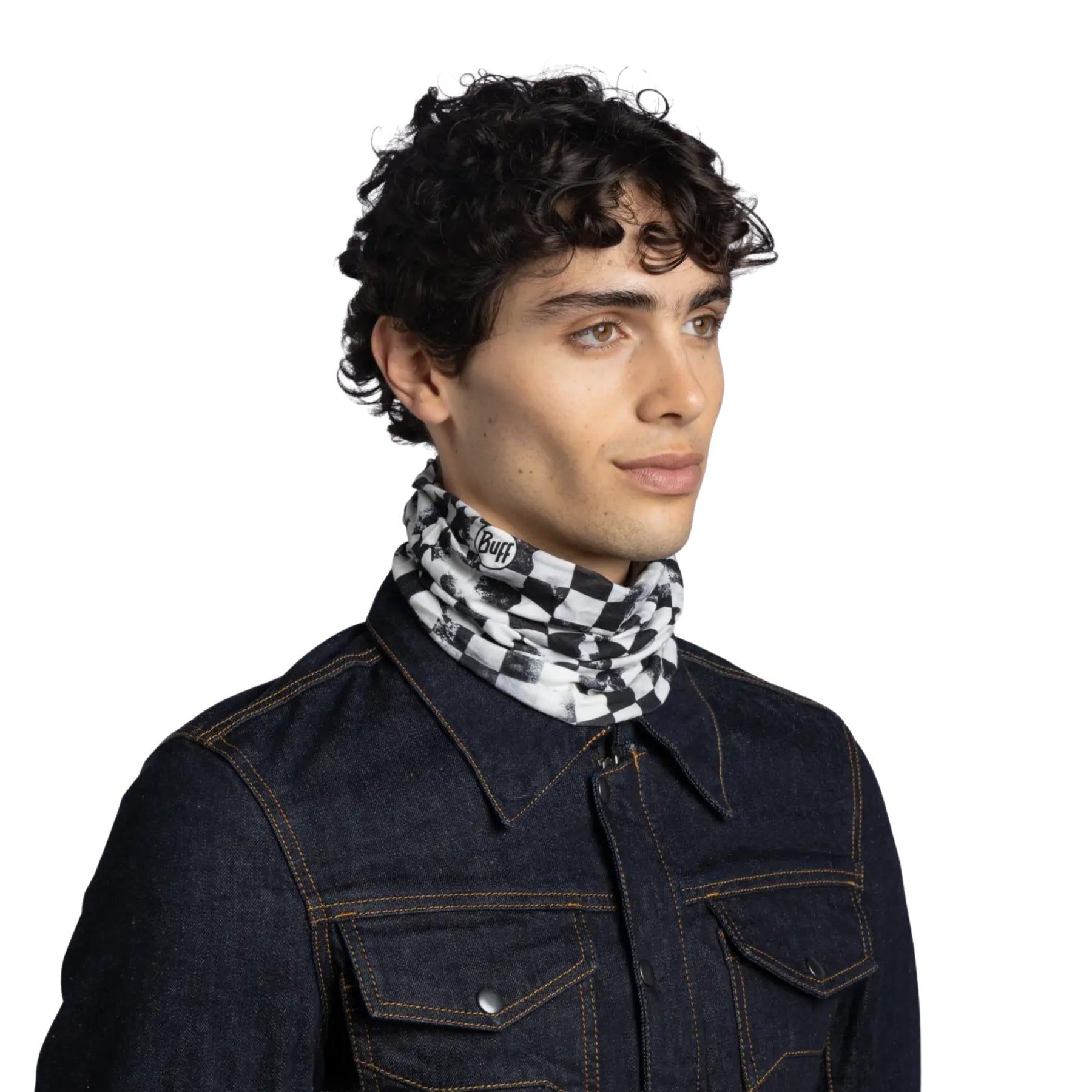 Buff Original EcoStretch Neckwear BOXX GREY scaldacollo tubolare multifunzione con protezione solare. Dettaglio del tessuto tecnico elasticizzato riciclato con grafica ispirata ai profili montuosi delle Dolomiti, posizionato in verticale su sfondo bianco per catalogo e-commerce.