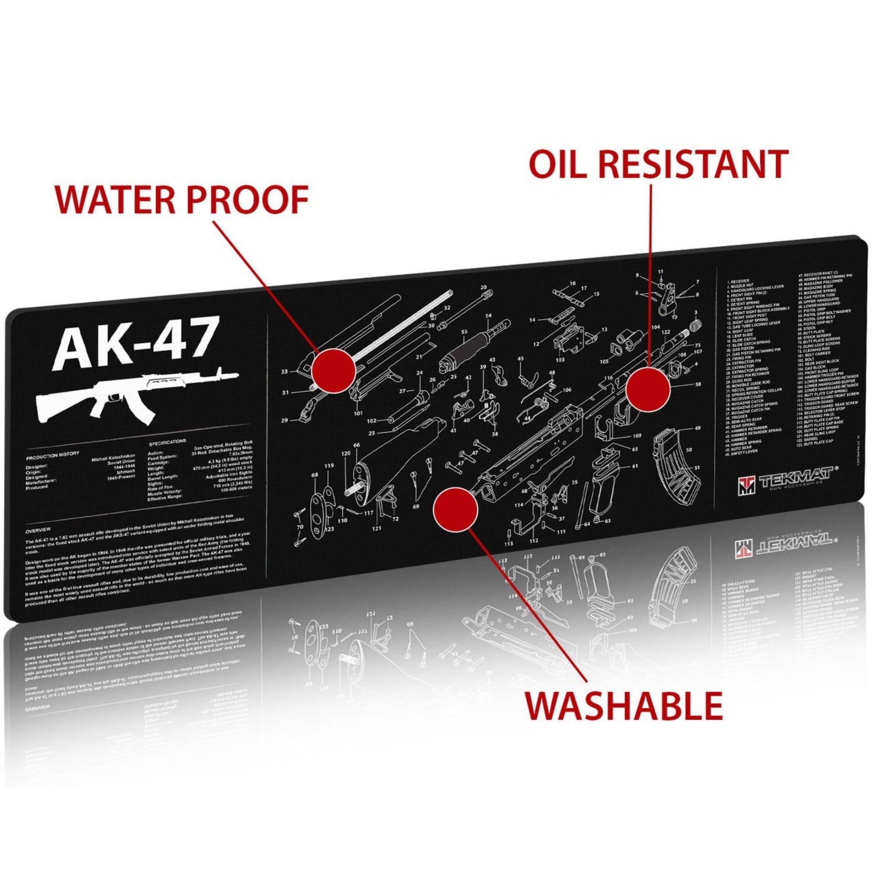 TekMat AK47 Gun Cleaning Mat tappetino per manutenzione armi con schema esploso dettagliato e specifiche tecniche