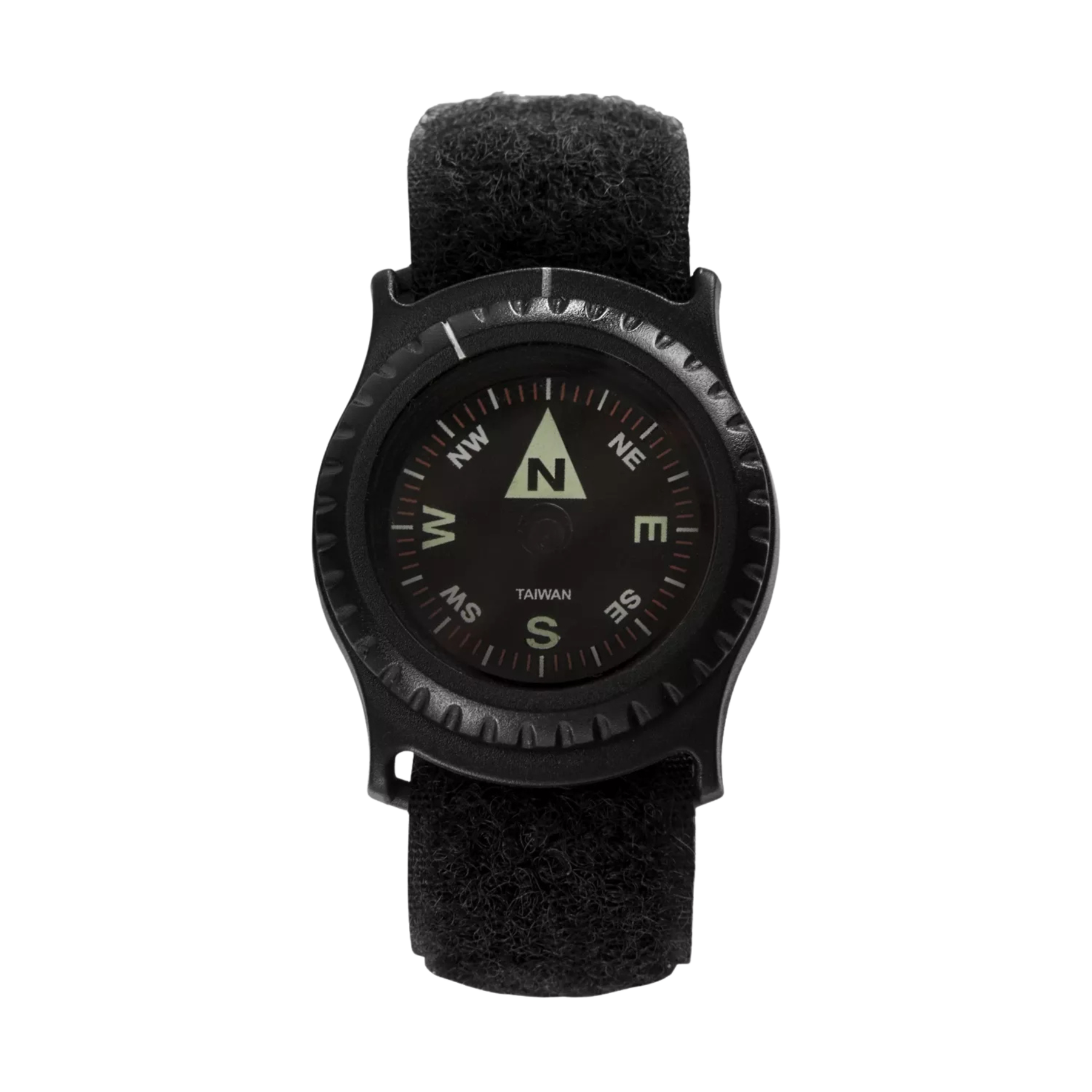 Bussola da polso tattica Helikon-Tex T25 Wrist Compass, quadrante nero con indicazioni verdi luminose, cinturino regolabile in velcro nero, ideale per navigazione rapida e discreta in ambienti militari e outdoor
