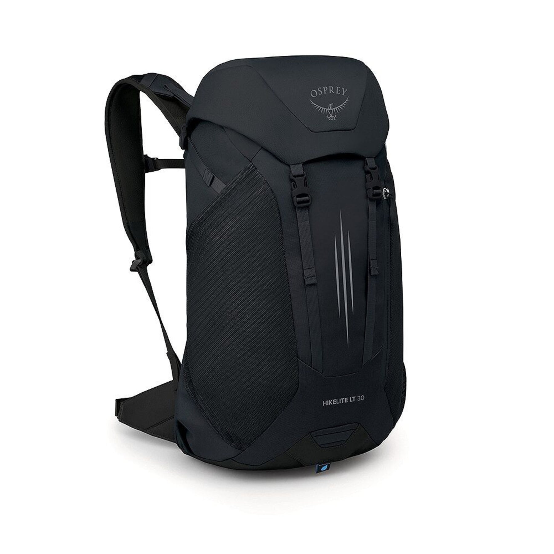 Osprey Hikelite LT 30 Zaino da 30 L ultraleggero da trekking ed escursionismo con schienale ventilato AirSpeed, tasche laterali in rete elasticizzata, spallacci ergonomici e chiusura a cappuccio con fibbie per outdoor su sfondo bianco.