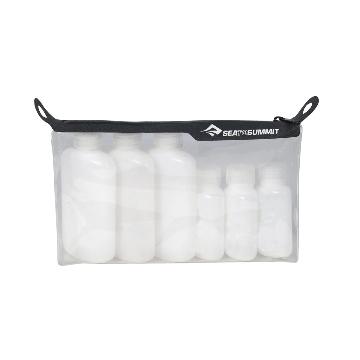 Set da viaggio SEA TO SUMMIT con pouch trasparente TPU e sei flaconi vuoti per sapone e liquidi, approvato TSA, disponibile su backpacco.it