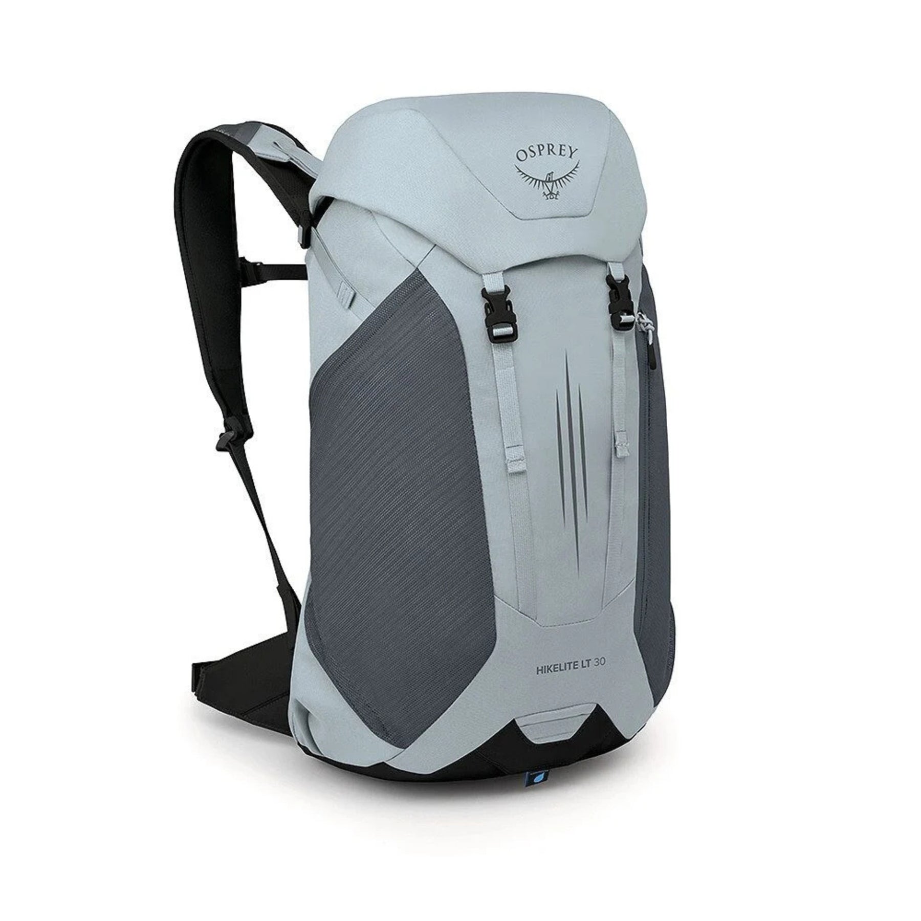 Osprey Hikelite LT 30 Zaino da 30 L ultraleggero da trekking ed escursionismo con schienale ventilato AirSpeed, tasche laterali in rete elasticizzata, spallacci ergonomici e chiusura a cappuccio con fibbie per outdoor su sfondo bianco.