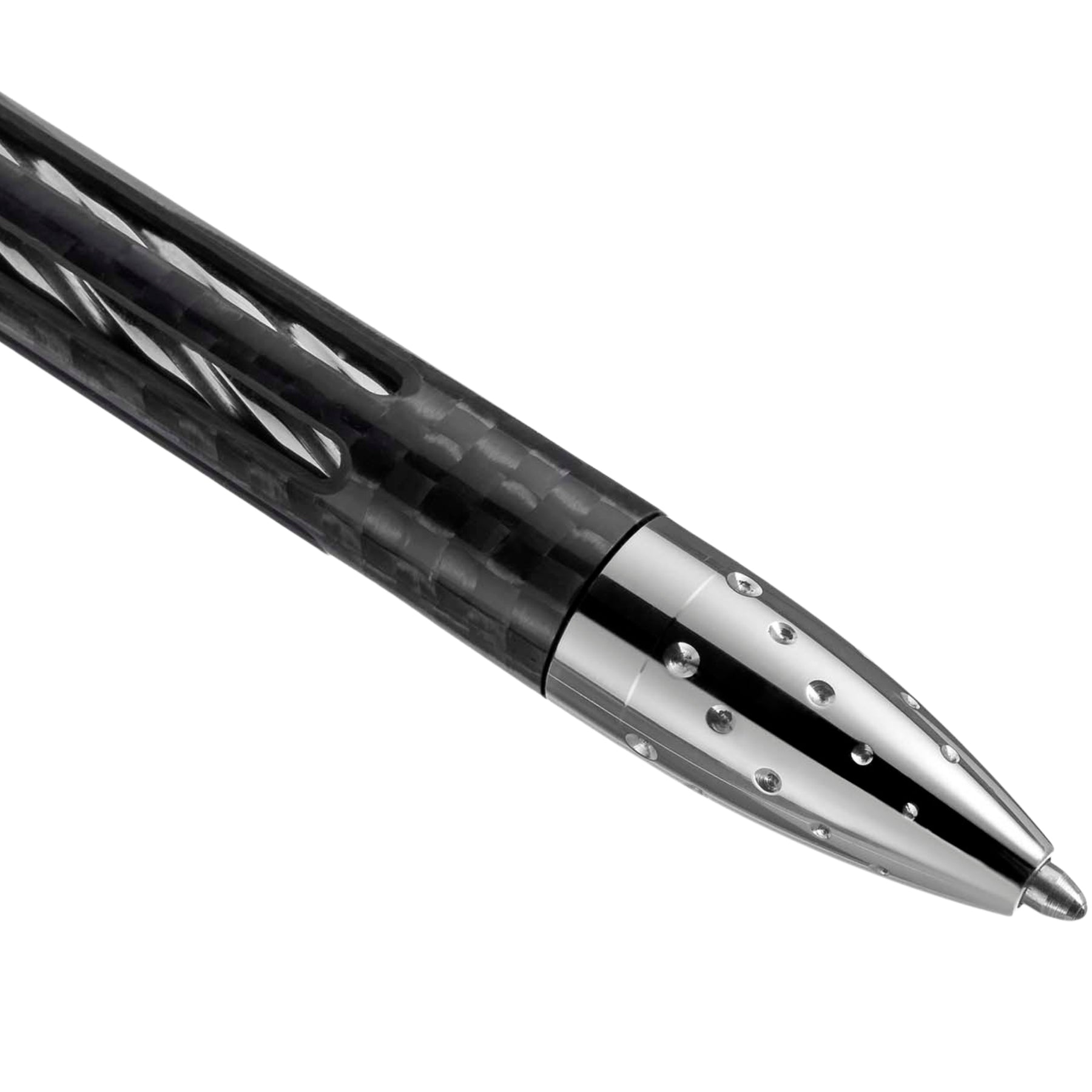 LionSteel Nyala Carbon Fiber Grey Shine penna tattica con corpo in titanio 6Al4V, inserti in fibra di carbonio, meccanismo Twist e refill Fisher Space Pen. Inclusa base in legno. 