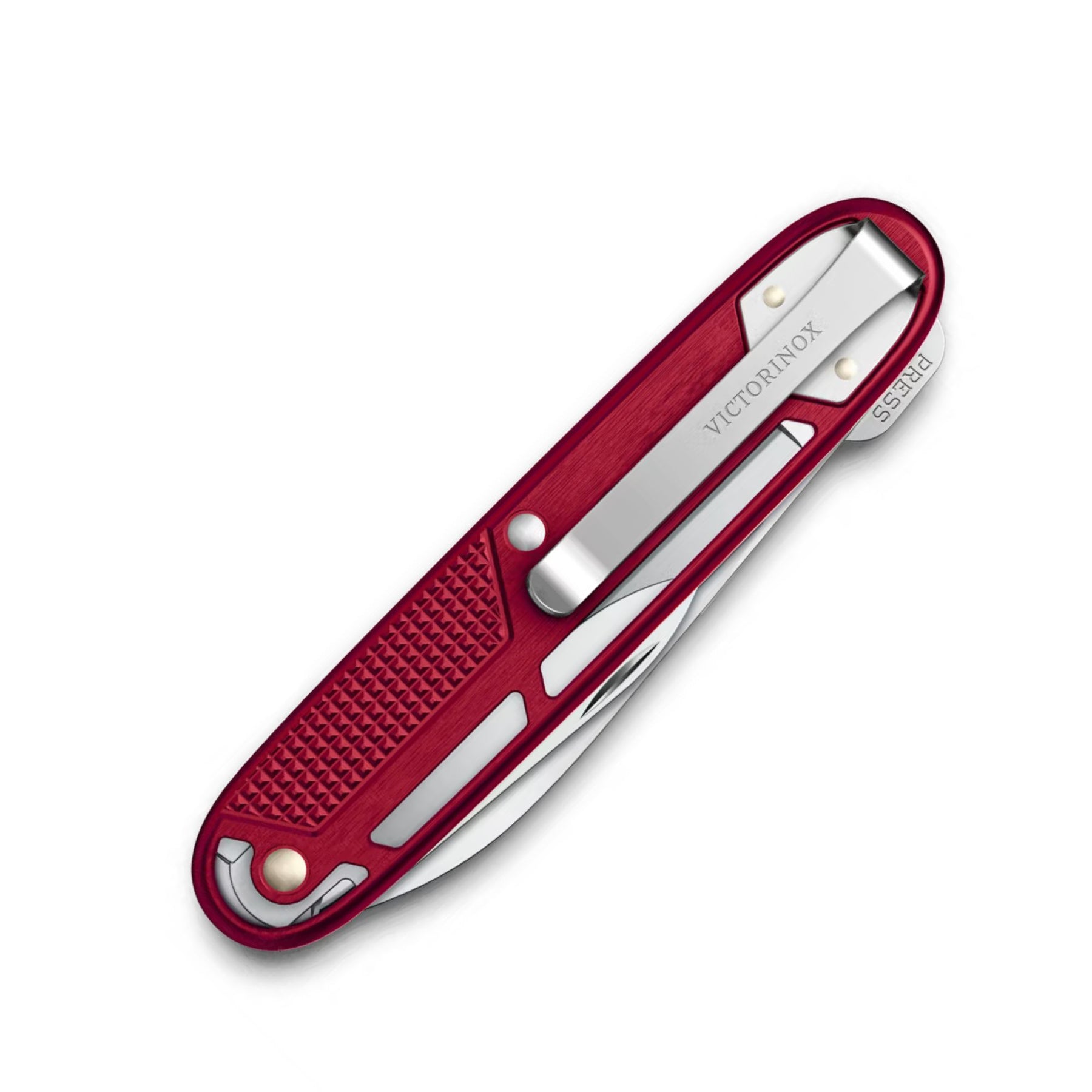 Victorinox Synergy X Alox. Multiuso con guancette in alluminio zigrinato e manico caratterizzato da fresature decorative. Dotato di lama principale, forbici di precisione, apriscatole e lima multifunzione. Design esclusivo che unisce eleganza e funzionalità per il porto quotidiano.