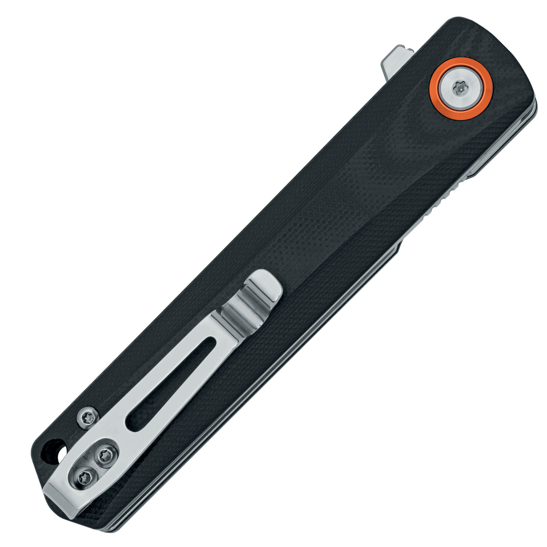 Coltello chiudibile da tasca Black Fox Spear per EDC, lama sottile e appuntita in acciaio satinato, apertura a flipper e perno pivot arancione