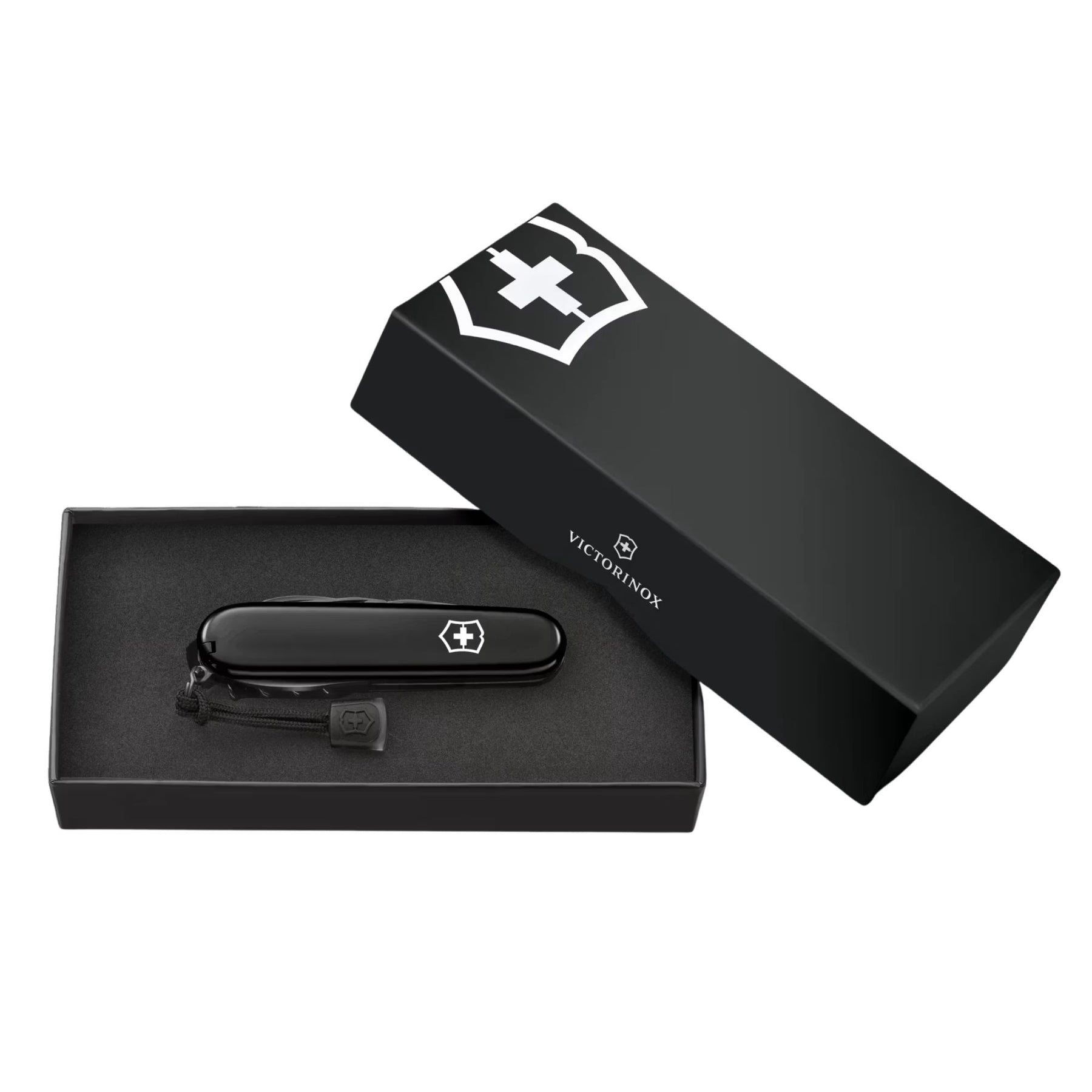 Victorinox Spartan Onyx Black coltellino multiuso con 12 funzioni tra cui lama grande, lama piccola, cavatappi e apriscatole caratterizzato da una finitura nera monocromatica lucida ottenuta tramite processo polispettrale per un design elegante e resistente.