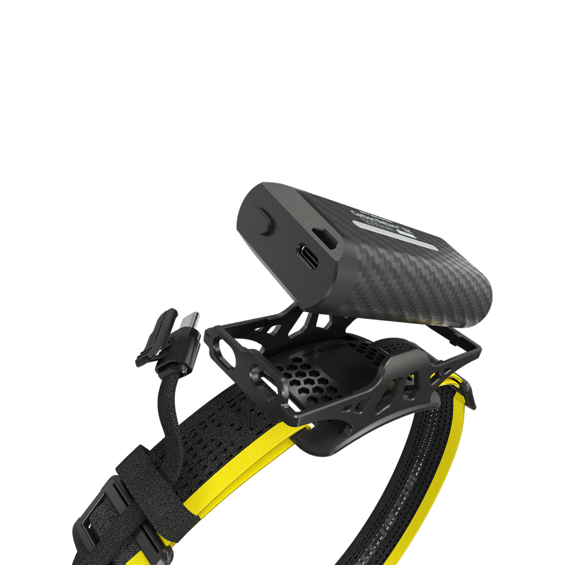 Kit batteria esterna Nitecore Carbon Battery 12K da 12000mAh, ultraleggera con scocca in fibra di carbonio, progettata per alimentare torce frontali Nitecore serie NU con fascia elastica nera e gialla
