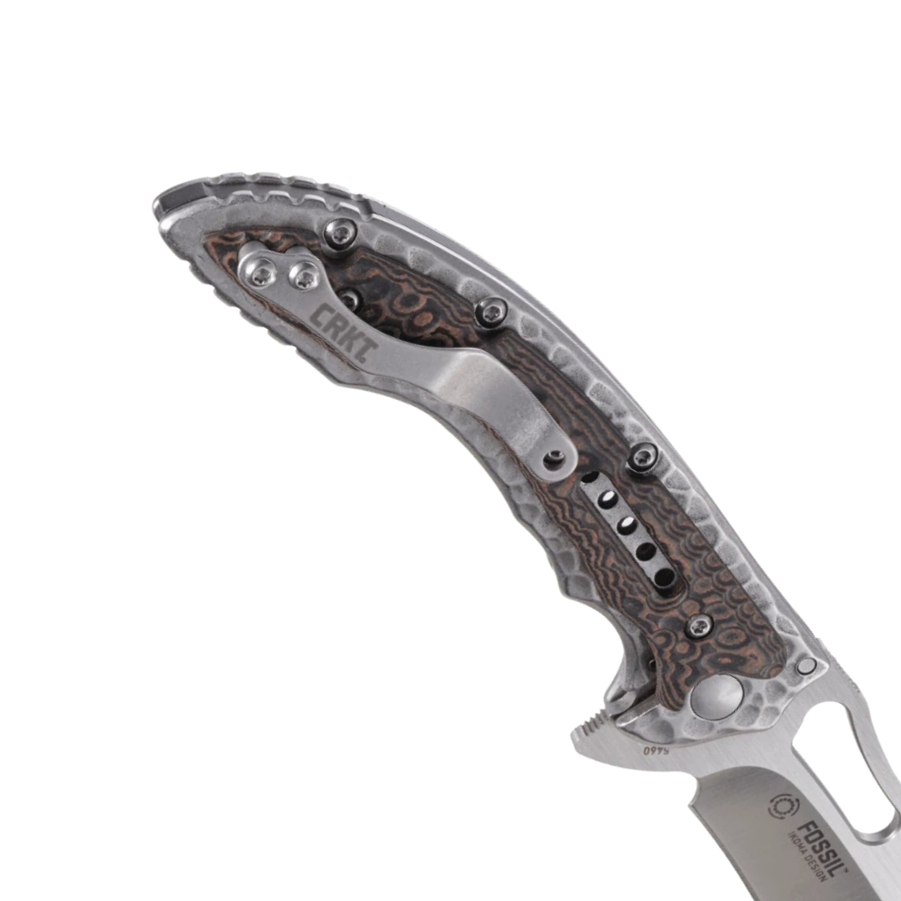 CRKT Fossil coltello chiudibile con apertura flipper su cuscinetti a sfera IKBS, lama drop point in acciaio 8Cr13MoV, guancette con lavorazione martellata e clip da tasca, robusto e versatile per uso EDC, campeggio e attività outdoor.