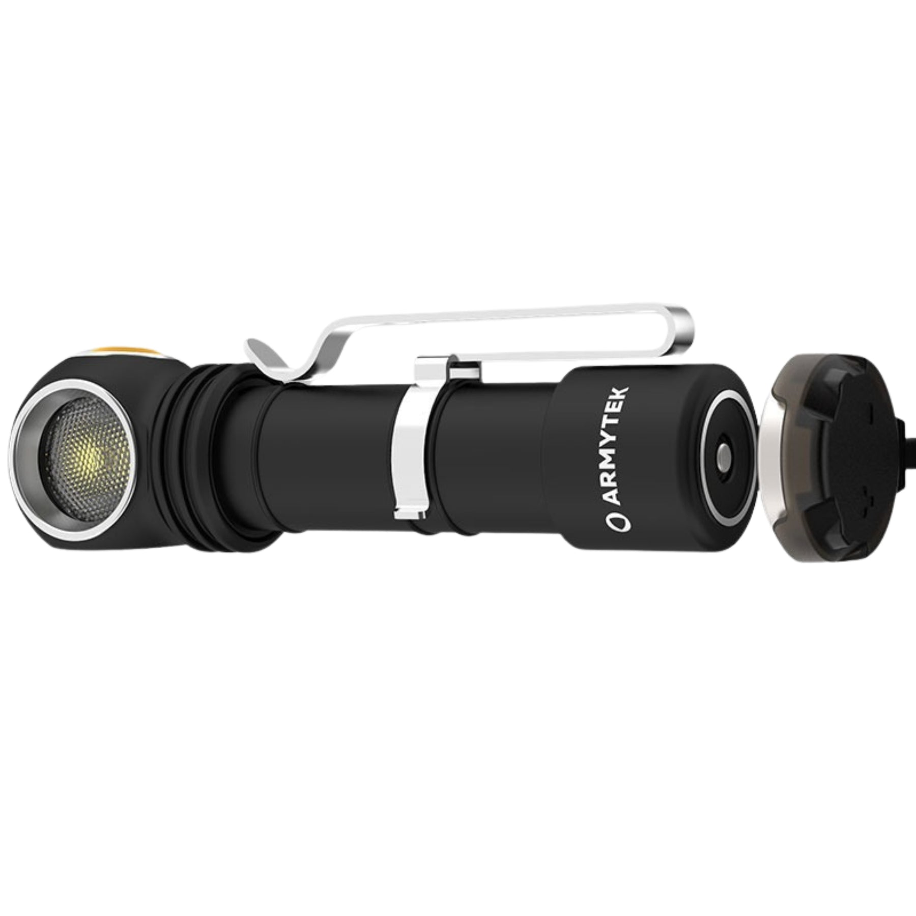 Armytek Wizard C2 Pro Nichia torcia frontale e palmare multifunzione ad alte prestazioni con LED Nichia ad alta fedeltà cromatica. Vista frontale verticale del corpo torcia compatto con clip metallica rimovibile su sfondo bianco per catalogo e-commerce outdoor.