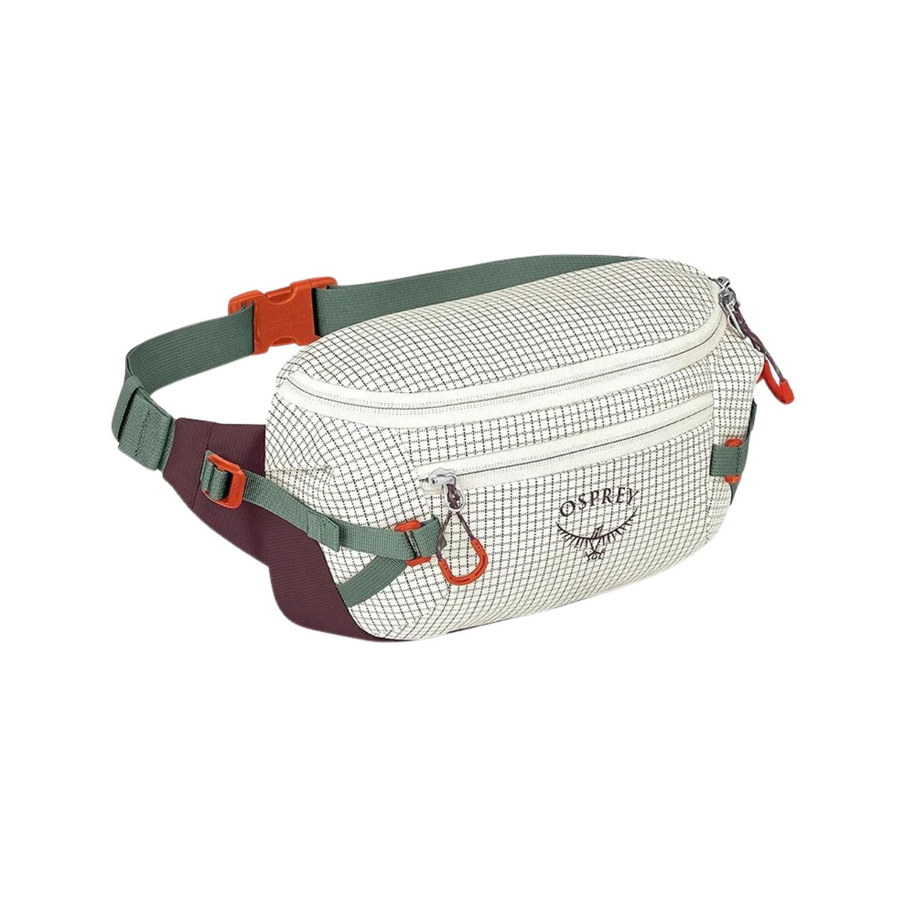 Osprey Transporter Waist Pack marsupio da 3 litri realizzato in tessuto tecnico con trama a griglia e logo frontale, dotato di tasca esterna con zip, cinghie di compressione laterali e cintura regolabile con fibbia a scatto per escursionismo e tempo libero.