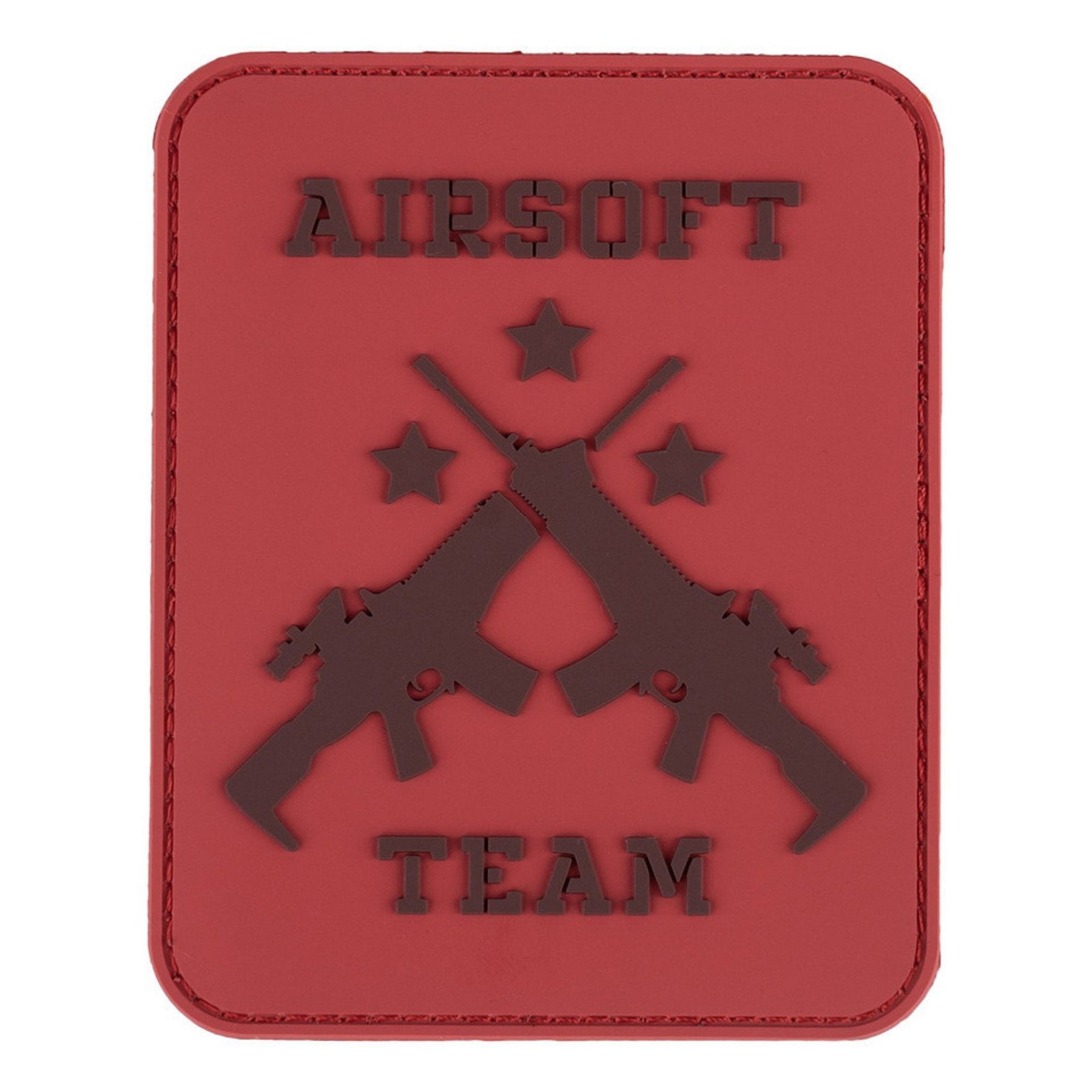 101 INC Airsoft Team Patch tattica disponibile in versione PVC  con retro in velcro o ricamata termoadesiva  caratterizzata da design con due fucili incrociati tre stelle e scritte Airsoft Team in rilievo ideale per softair e personalizzazione di zaini o abbigliamento.
