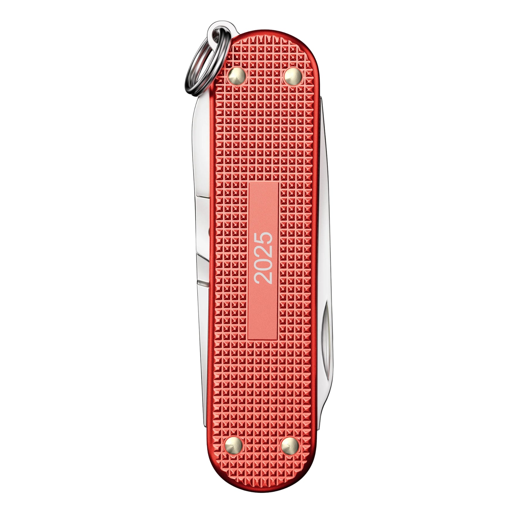 Victorinox Classic SD Alox Limited Edition 2025 coltellino multiuso tascabile con guance in alluminio zigrinato. Il multiuso mostra gli strumenti aperti tra cui la lama piccola, le forbici, la lima per unghie con cacciavite e l'anello portachiavi su uno sfondo bianco.