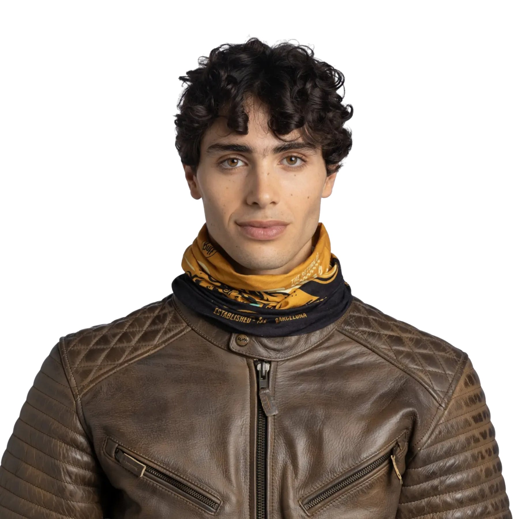 Buff Original EcoStretch Neckwear CIFE MULTI scaldacollo tubolare multifunzione con protezione solare. Dettaglio del tessuto tecnico elasticizzato riciclato con grafica ispirata ai profili montuosi delle Dolomiti, posizionato in verticale su sfondo bianco per catalogo e-commerce.