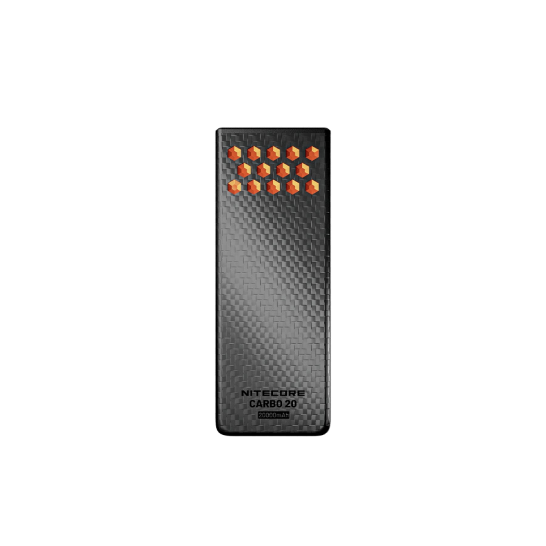 Nitecore Carbo 20 power bank ultraleggero in fibra di carbonio da 20000mAh. Scocca resistente con trama a nido d'ape e indicatori luminosi di carica, ideale come riserva di energia per dispositivi durante trekking ed escursioni outdoor.