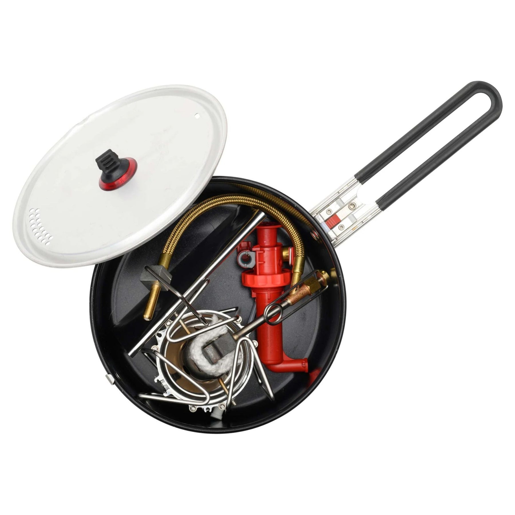MSR DragonFly Stove fornello da campo multicombustibile. Sistema di cottura a fiamma regolabile con supporti per pentole stabili e base pieghevole per trekking e alpinismo.